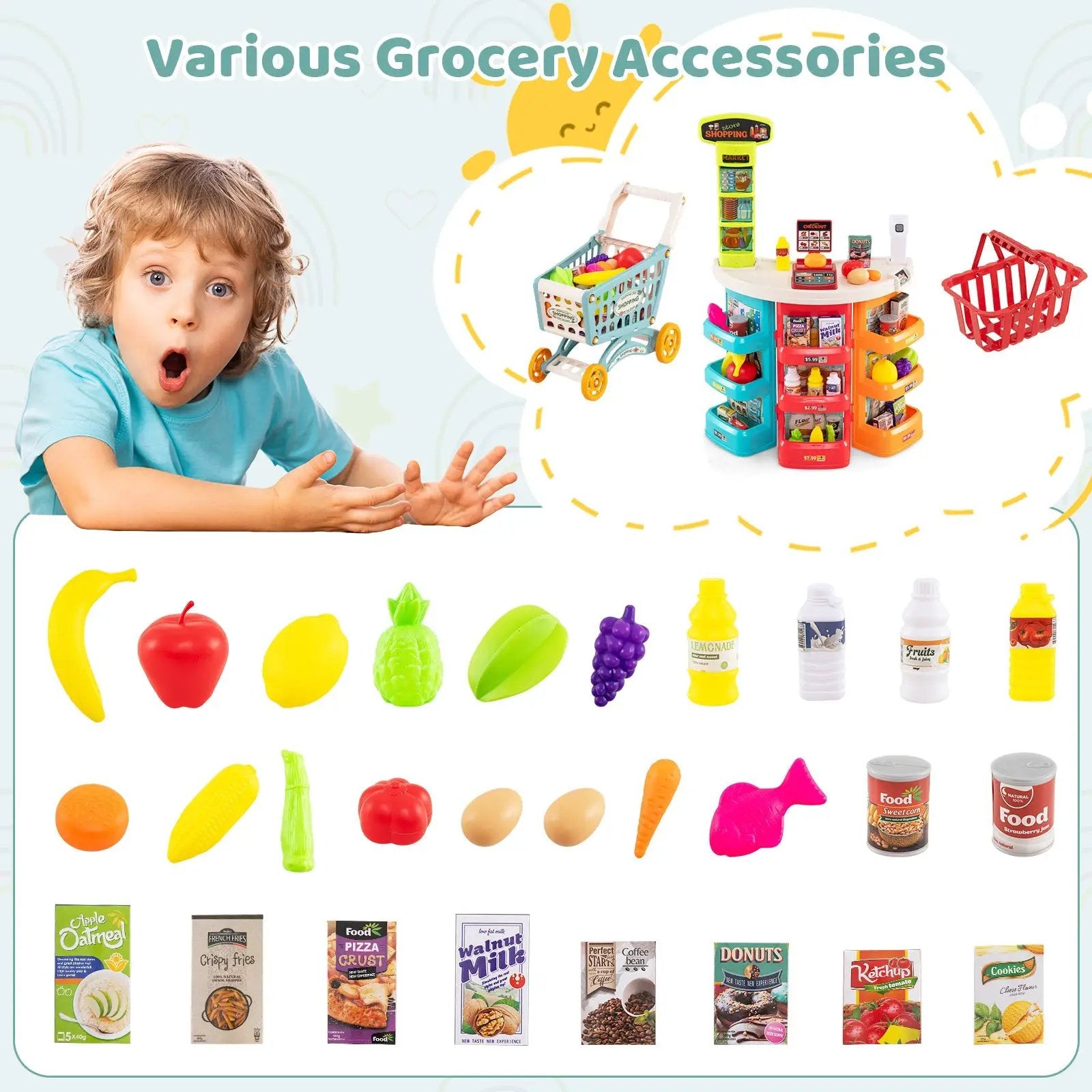 Supermarket Playset for Kids 76 PCS Pretend Play Grocery Store Set with Shopping Cart by DirectDeals