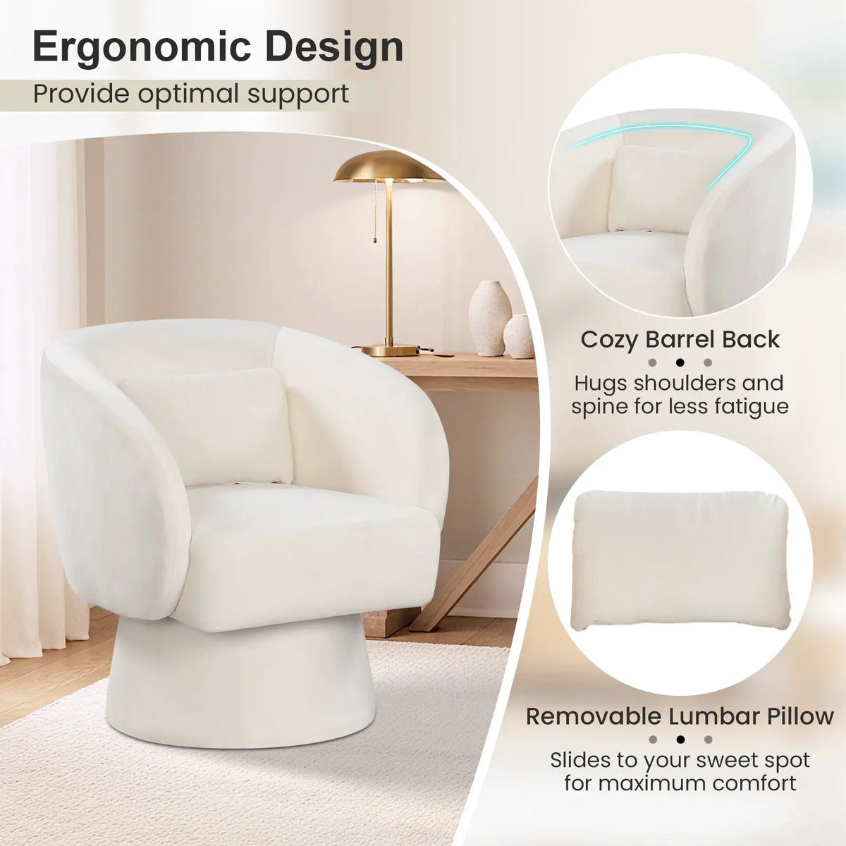 Swivel Accent Chair Upholstered Barrel Chair with Curved Back and Removable Lumbar Pillow, photo 6 of 16
