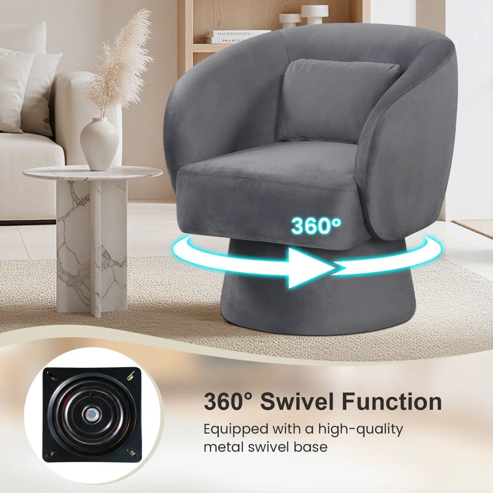 Swivel Accent Chair Upholstered Barrel Chair with Curved Back and Removable Lumbar Pillow by DirectDeals