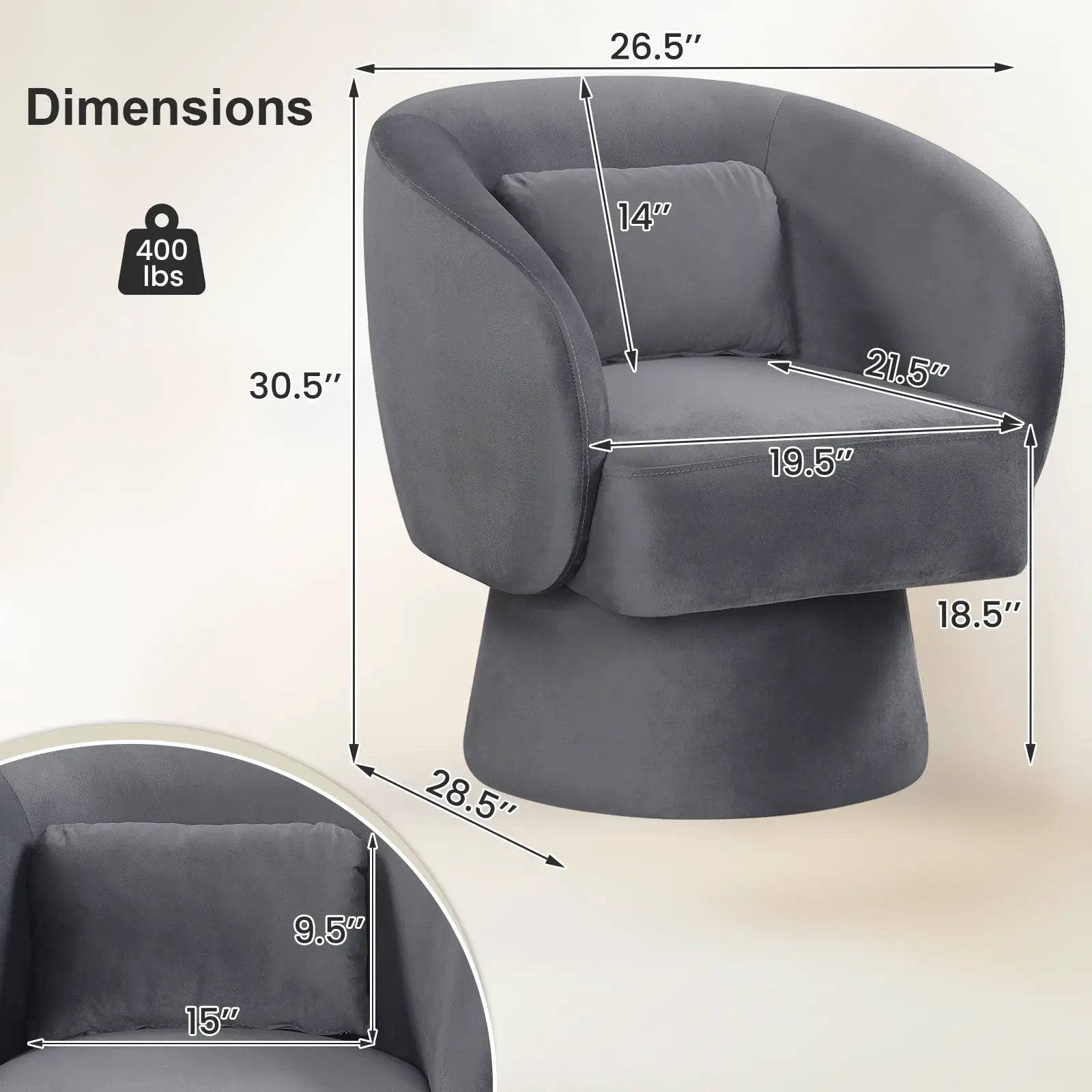 Swivel Accent Chair Upholstered Barrel Chair with Curved Back and Removable Lumbar Pillow by DirectDeals