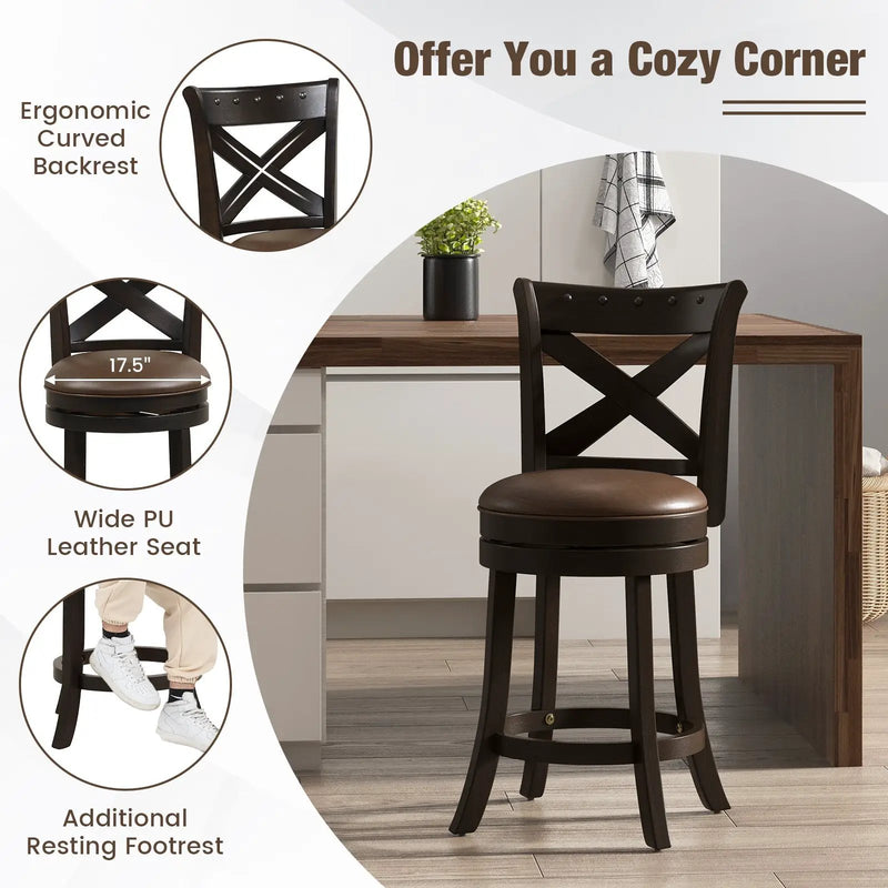 31 Inch Swivel Bar Stool with Curved Backrest PU Leather Seat and Footrest by DirectDeals