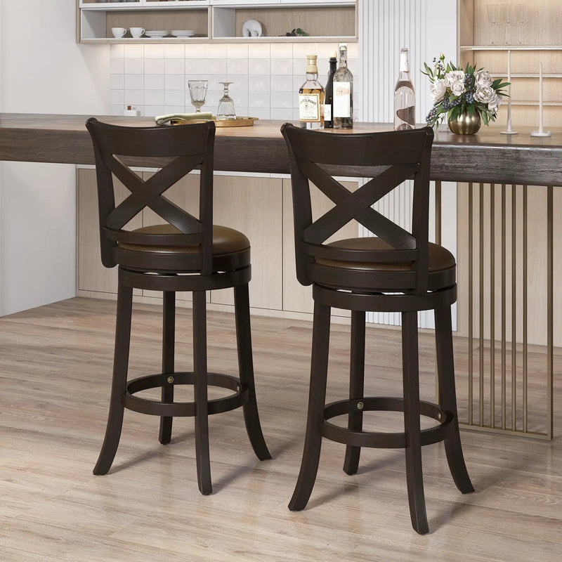 31 Inch Swivel Bar Stool with Curved Backrest PU Leather Seat and Footrest by DirectDeals