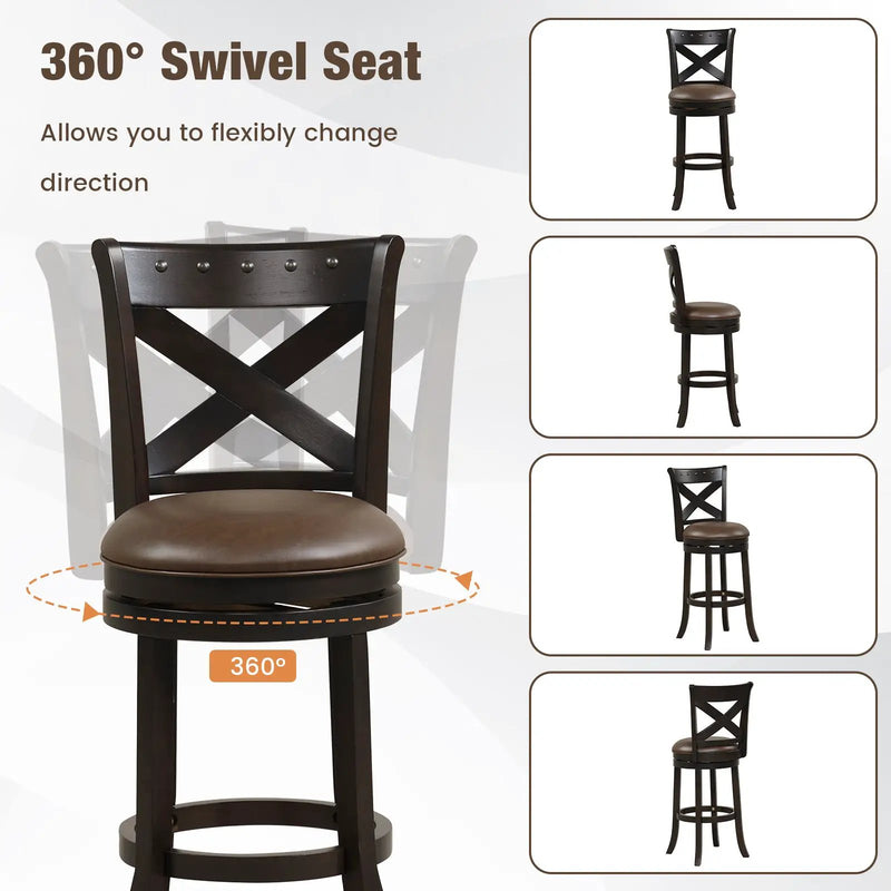 31 Inch Swivel Bar Stool with Curved Backrest PU Leather Seat and Footrest by DirectDeals