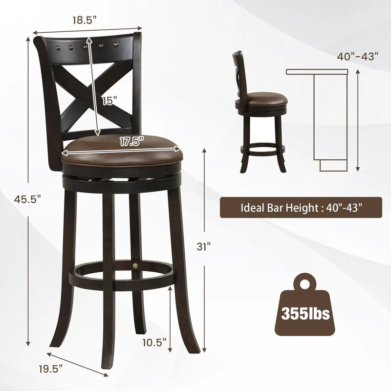 31 Inch Swivel Bar Stool with Curved Backrest PU Leather Seat and Footrest by DirectDeals