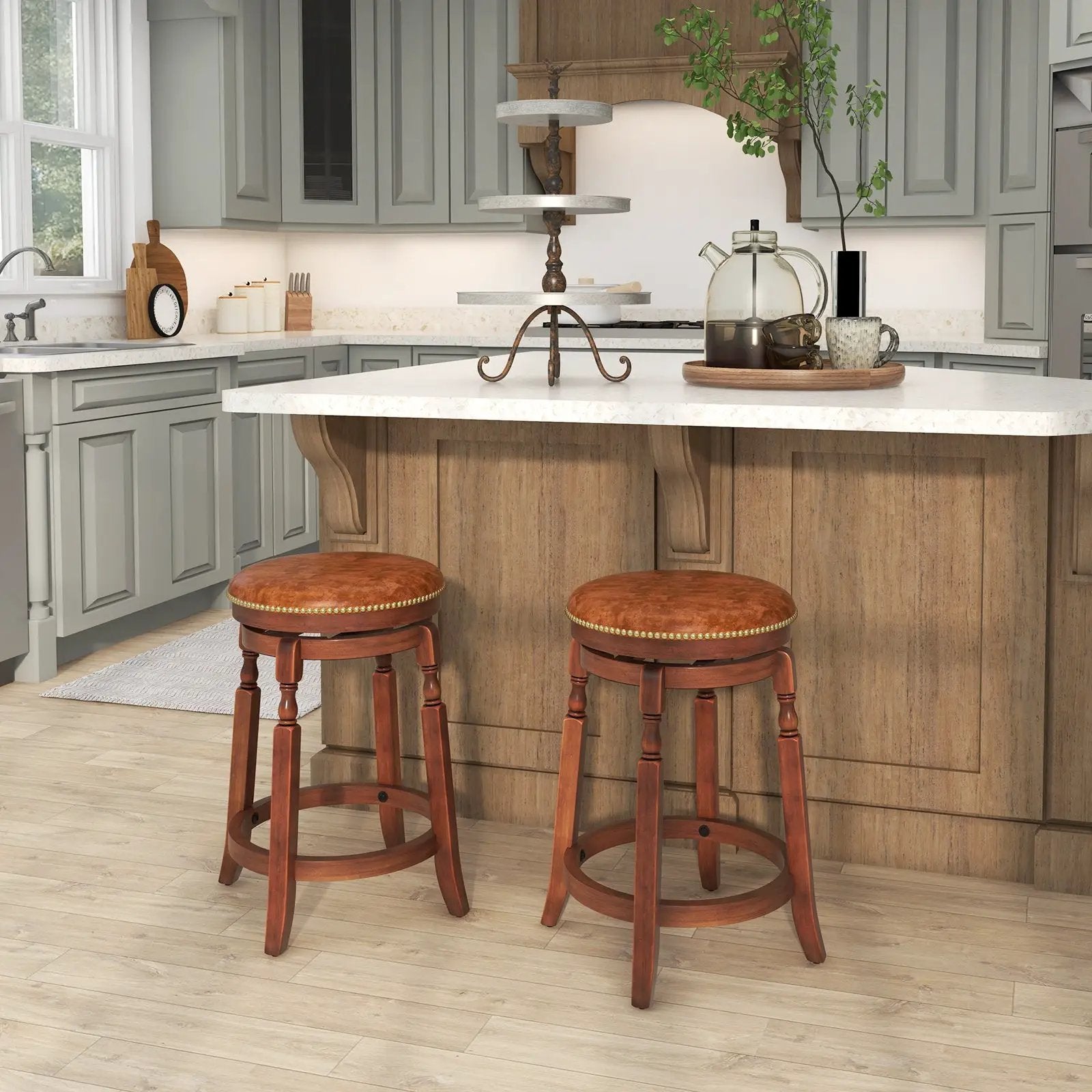 29 Inch Swivel Bar Stool Set of 2 with Upholstered Seat and Rubber Wood Frame-29 inches by DirectDeals