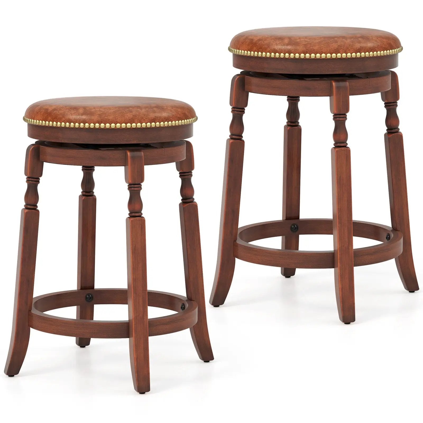 29 Inch Swivel Bar Stool Set of 2 with Upholstered Seat and Rubber Wood Frame-29 inches by DirectDeals