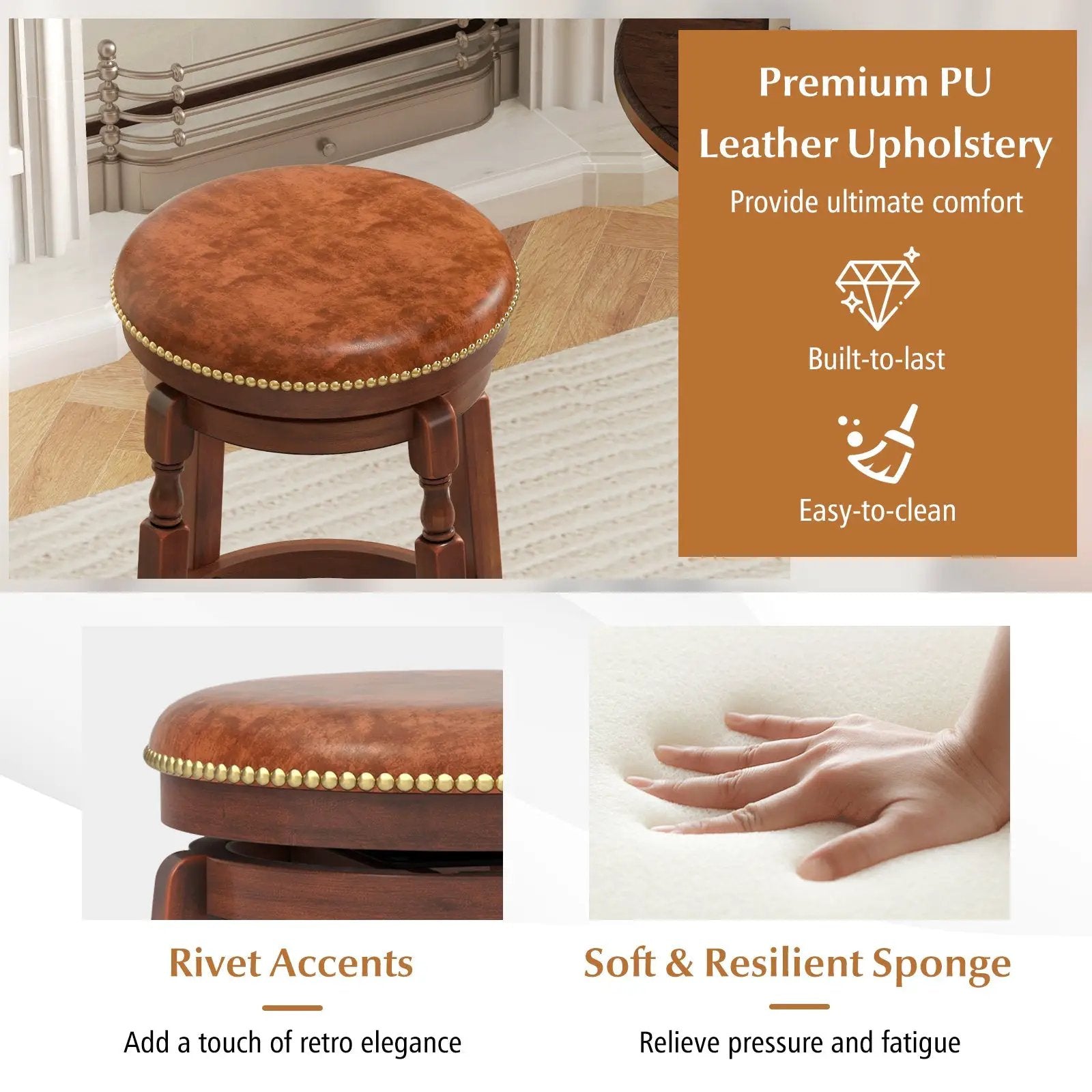 29 Inch Swivel Bar Stool Set of 2 with Upholstered Seat and Rubber Wood Frame-29 inches by DirectDeals