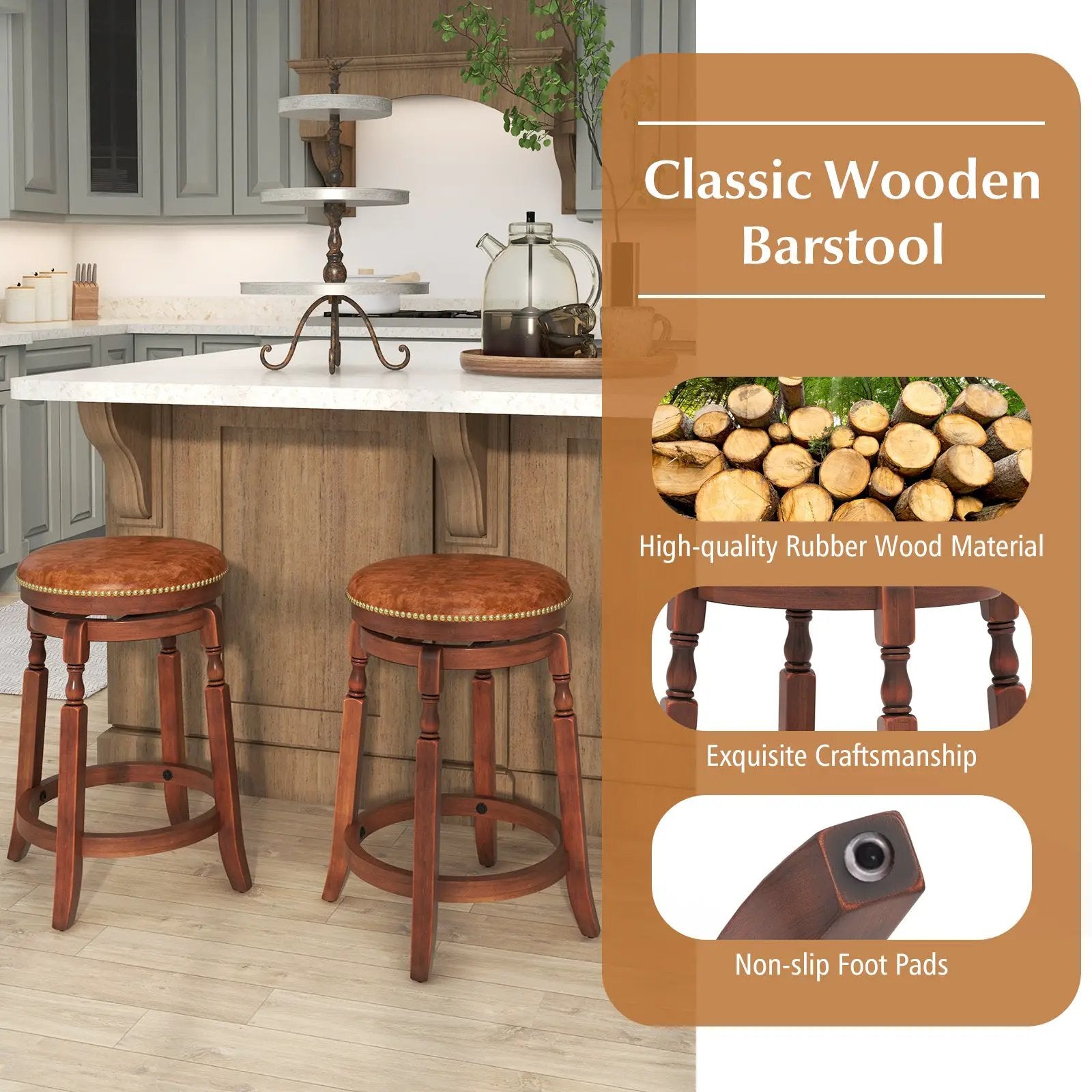 29 Inch Swivel Bar Stool Set of 2 with Upholstered Seat and Rubber Wood Frame-29 inches by DirectDeals