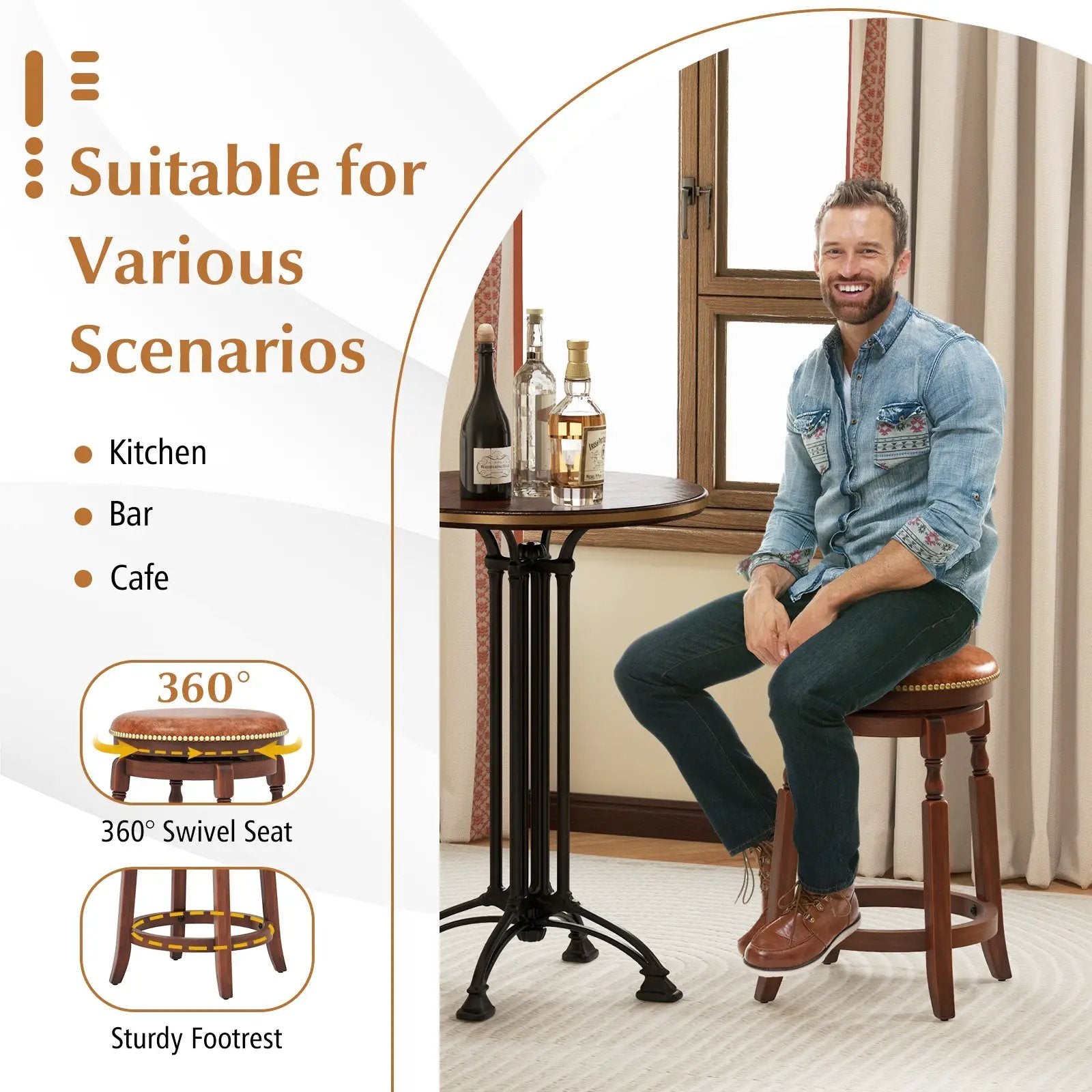 29 Inch Swivel Bar Stool Set of 2 with Upholstered Seat and Rubber Wood Frame-29 inches by DirectDeals