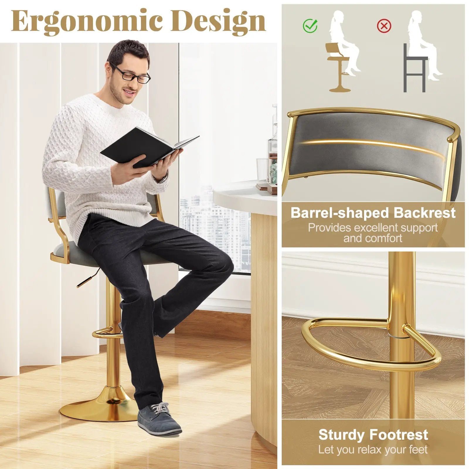 Swivel Bar Stool Set of 2 Dutch Velvet Height Adjustable Island Stools-Grey by DirectDeals