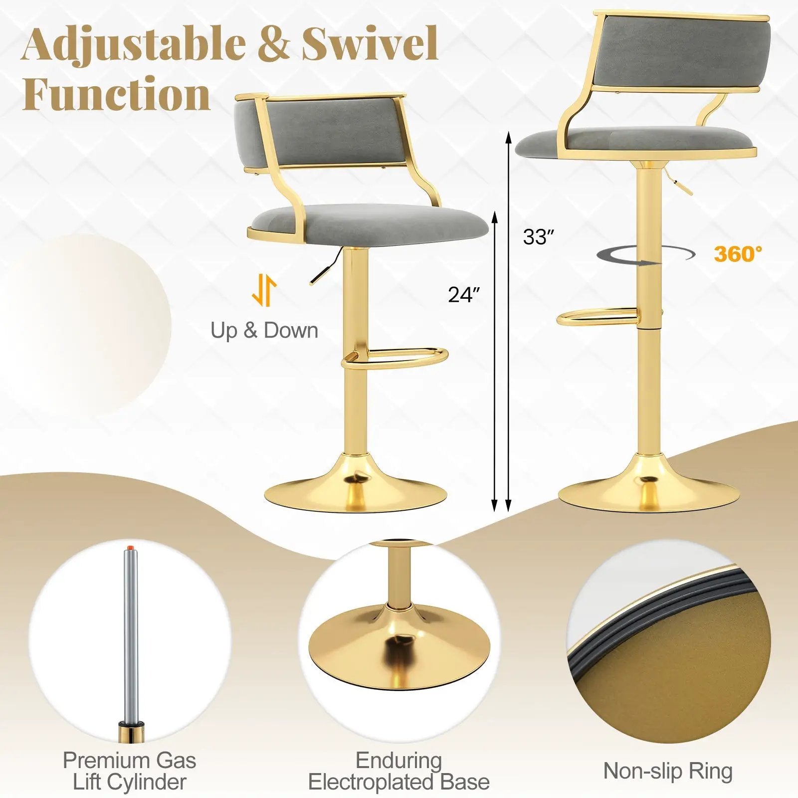 Swivel Bar Stool Set of 2 Dutch Velvet Height Adjustable Island Stools-Grey by DirectDeals