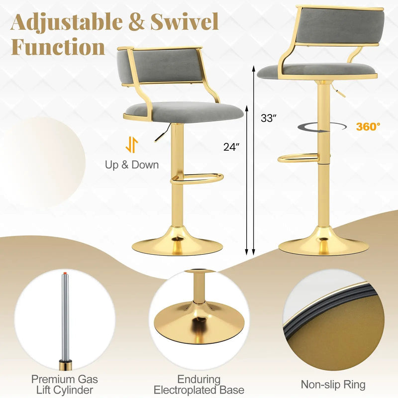 Swivel Bar Stool Set of 2 Dutch Velvet Height Adjustable Island Stools-Grey by DirectDeals