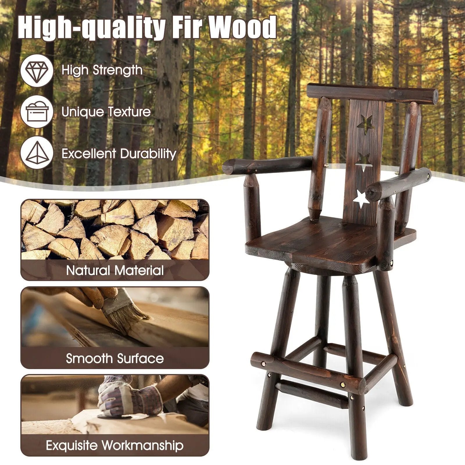 29 Inch Wooden Swivel Bar Stool with Footrest Backrest Armrest-Brown by DirectDeals