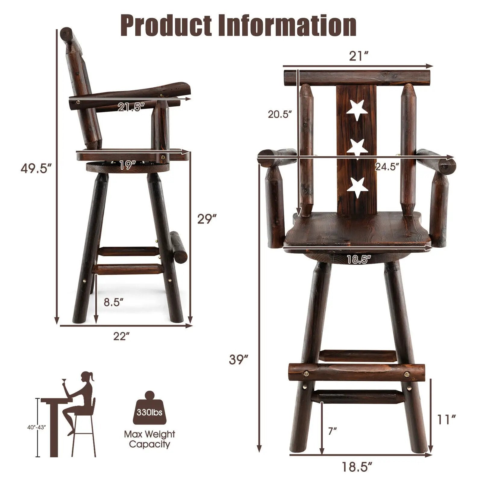29 Inch Wooden Swivel Bar Stool with Footrest Backrest Armrest-Brown by DirectDeals