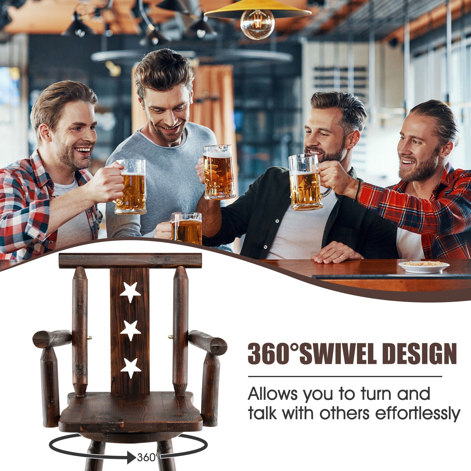 29 Inch Wooden Swivel Bar Stool with Footrest Backrest Armrest-Brown by DirectDeals