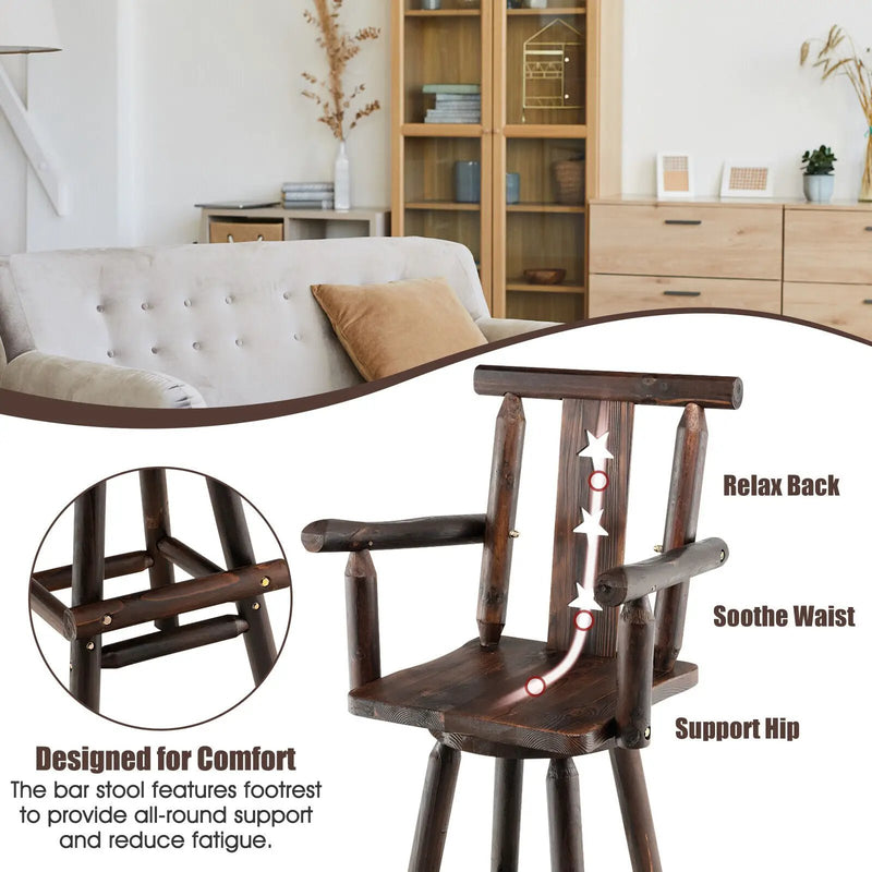 29 Inch Wooden Swivel Bar Stool with Footrest Backrest Armrest-Brown by DirectDeals