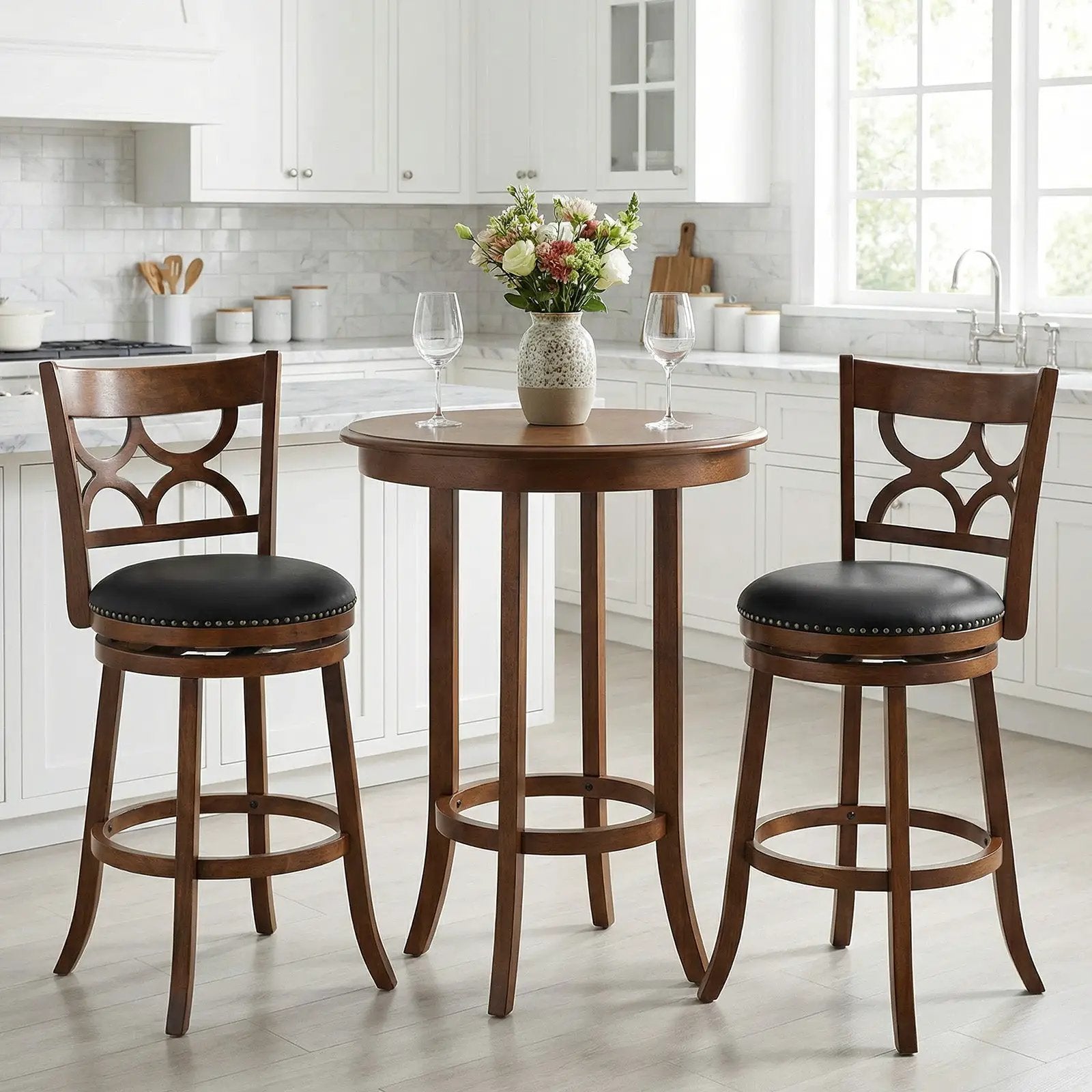 Swivel Bar Stools Set of 2 with High Backrest and Wood Frame by DirectDeals