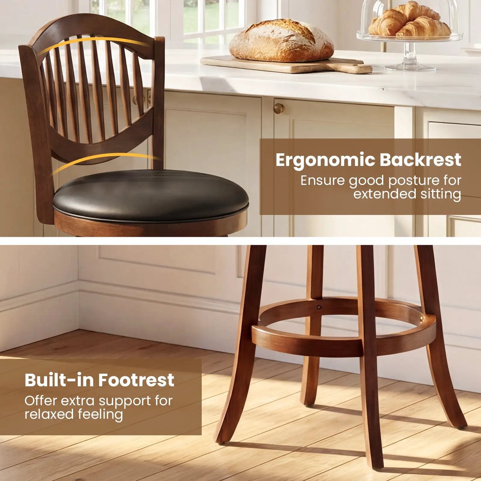 Swivel Bar Stools Set of 2 with Backrest and Wood Frame by DirectDeals
