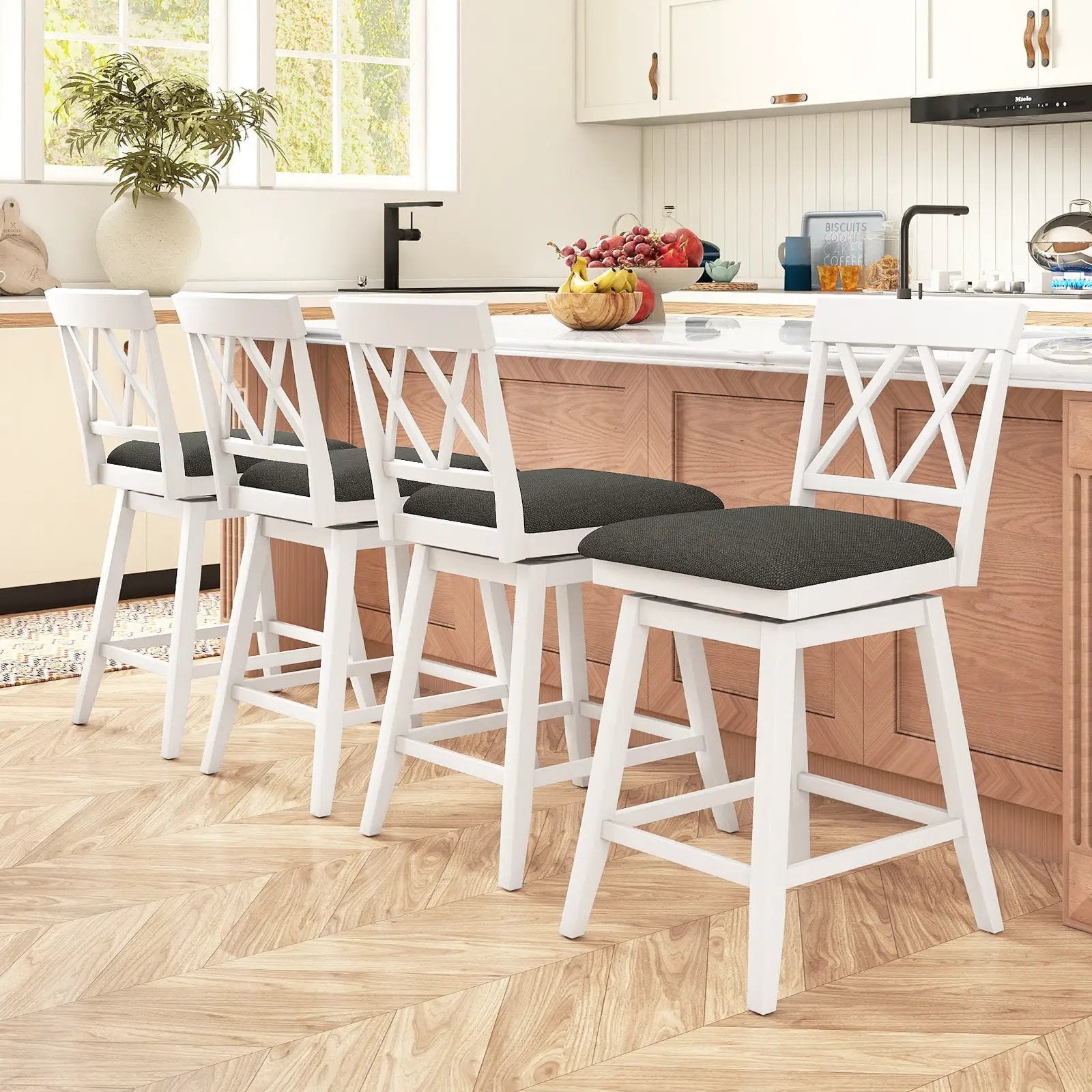 Swivel Bar Stools Set of 4 Counter Height Barstools with Backrest Upholstered Seat Cushion by DirectDeals