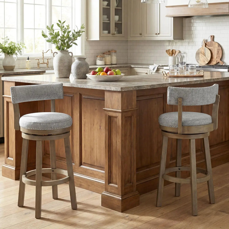 Swivel Bar Stools Set of 2 Linen Fabric Upholstered Barstools with Back-31.5 Inches by DirectDeals