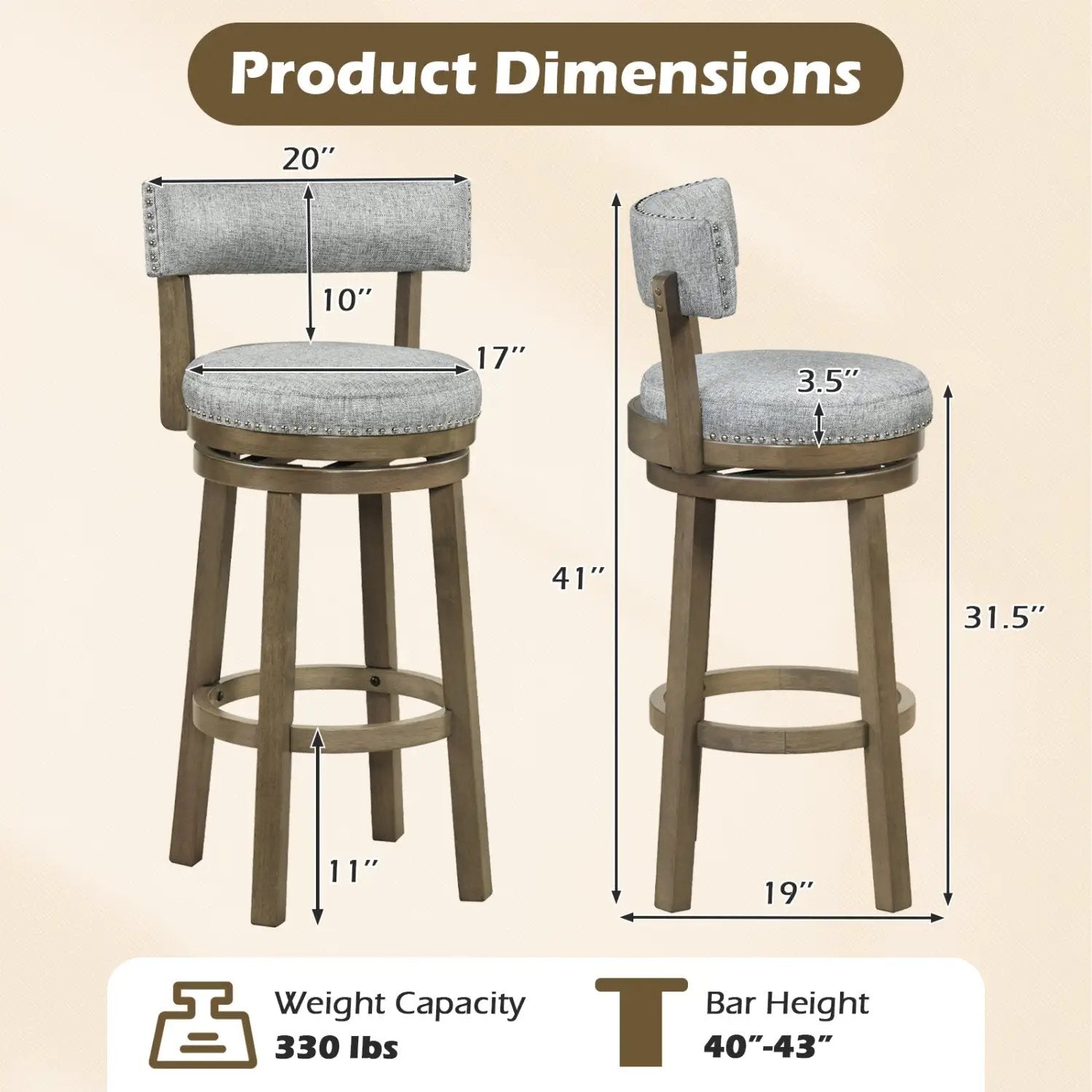 Swivel Bar Stools Set of 2 Linen Fabric Upholstered Barstools with Back-31.5 Inches by DirectDeals
