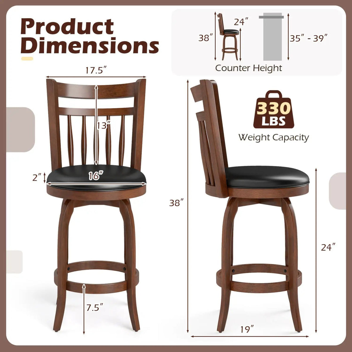 Swivel Bar Stools Set of 2 Counter Height Faux Leather Upholstered Barstools, photo 11 of 16