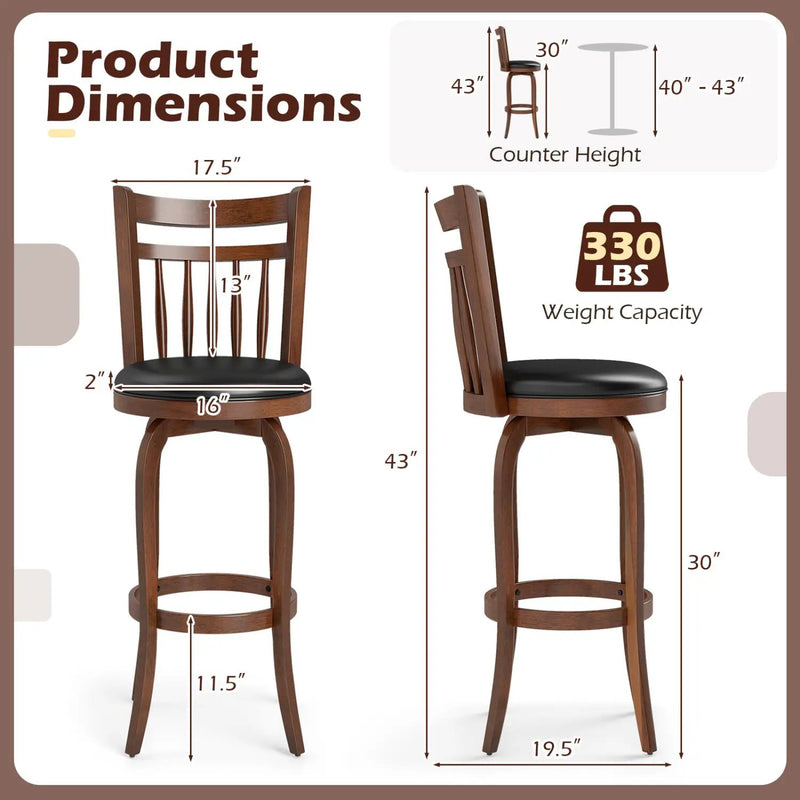Swivel Bar Stools Set of 2 Counter Height Faux Leather Upholstered Barstools by DirectDeals