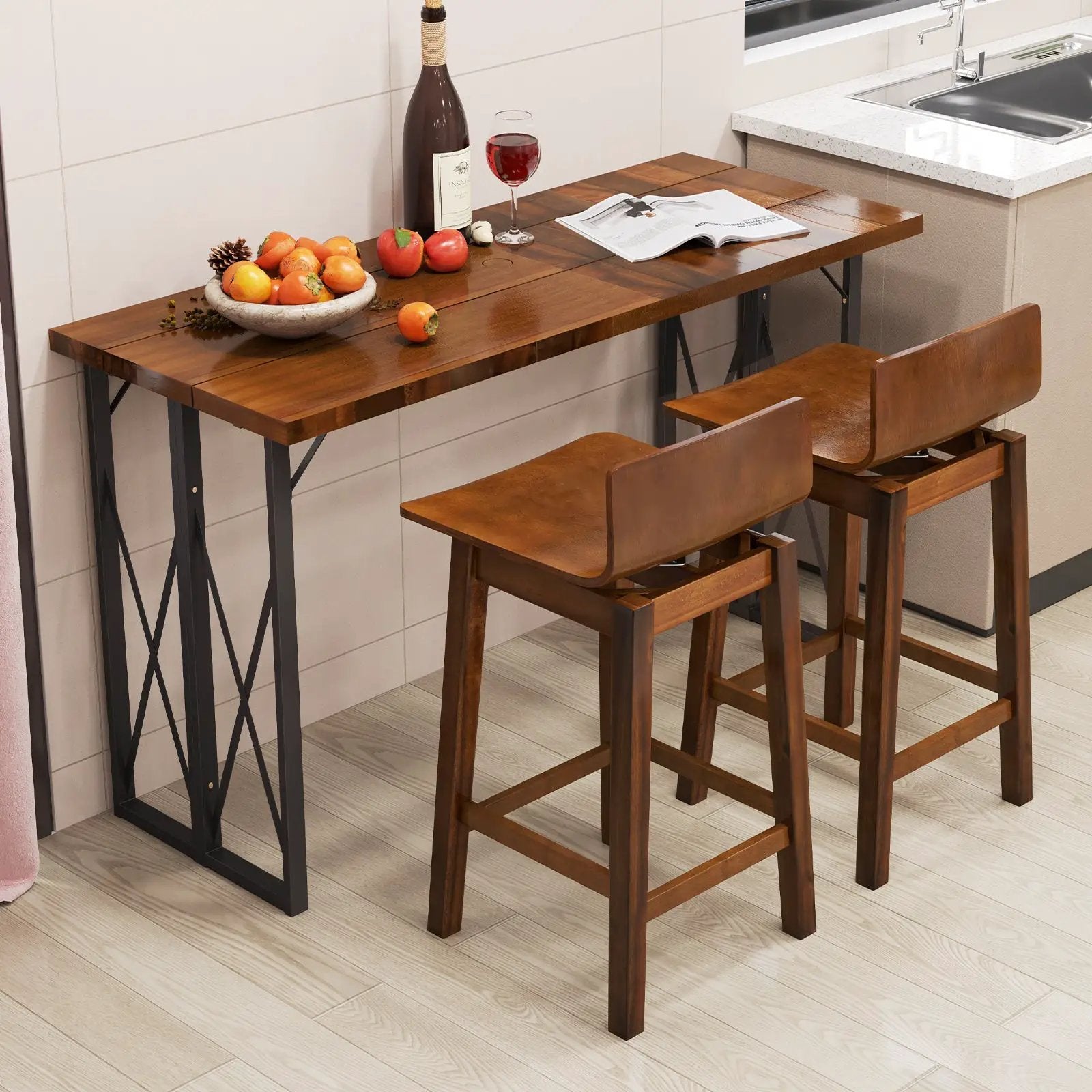 24.5 Inch Swivel Wooden Bar Stools Set of 2 with Rubber Wood Legs and Low Back by DirectDeals