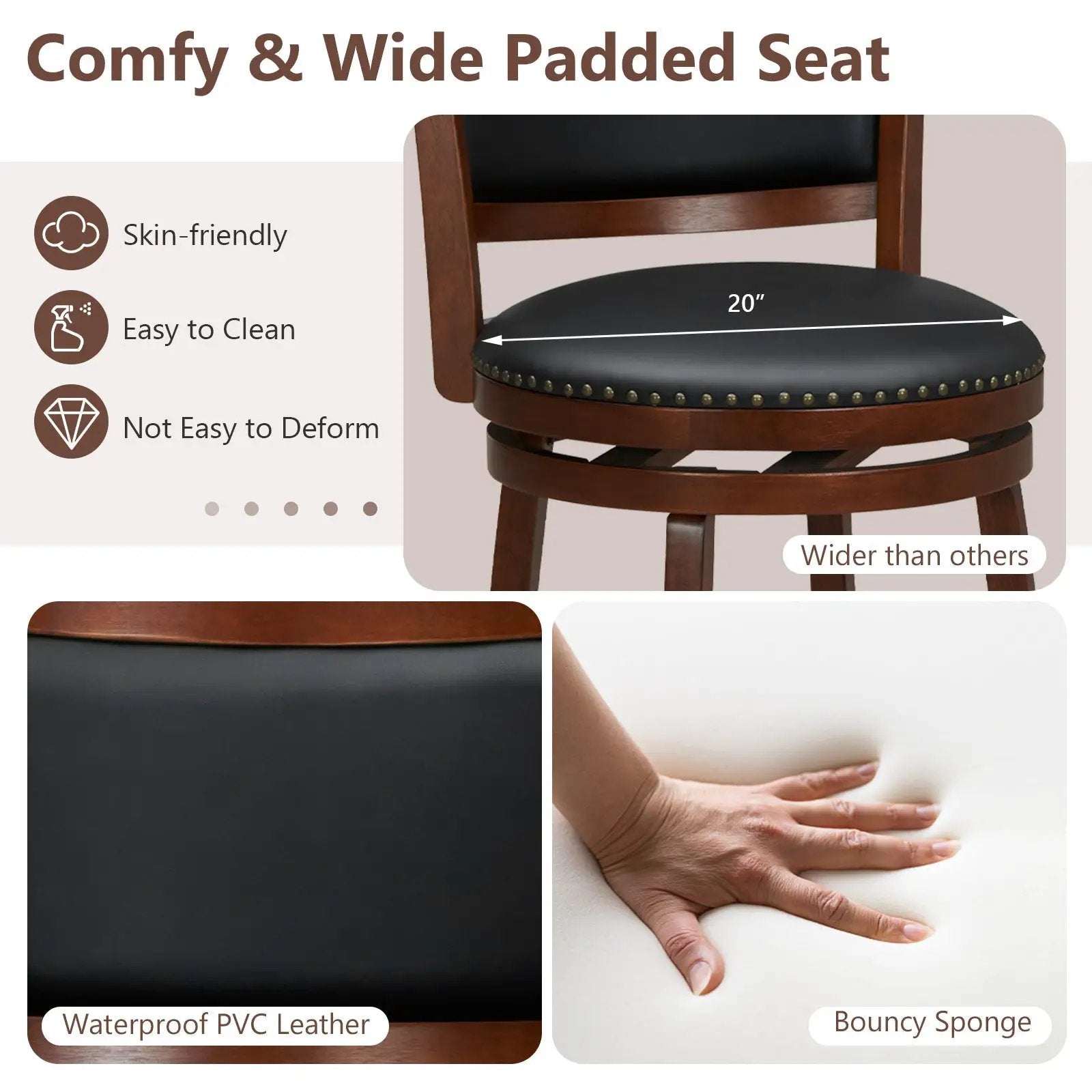 Swivel Bar Stools Set of 2 with 20 Inch Wider Cushioned Seat-Brown by DirectDeals