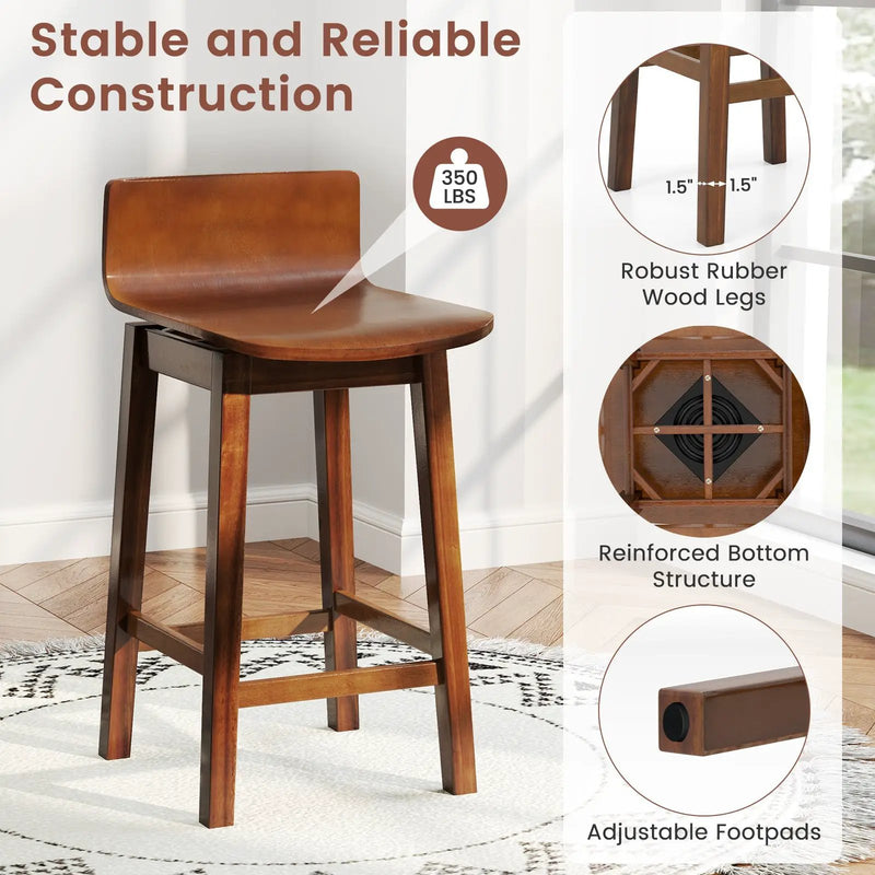 24.5 Inch Swivel Wooden Bar Stools Set of 2 with Rubber Wood Legs and Low Back by DirectDeals