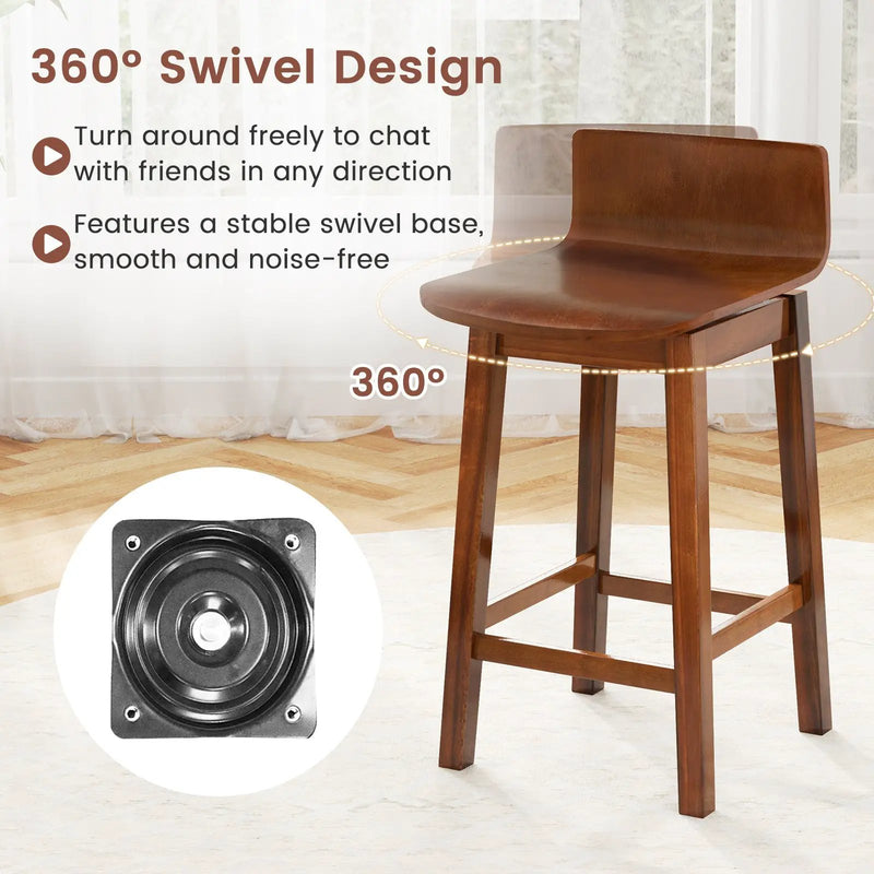 24.5 Inch Swivel Wooden Bar Stools Set of 2 with Rubber Wood Legs and Low Back by DirectDeals
