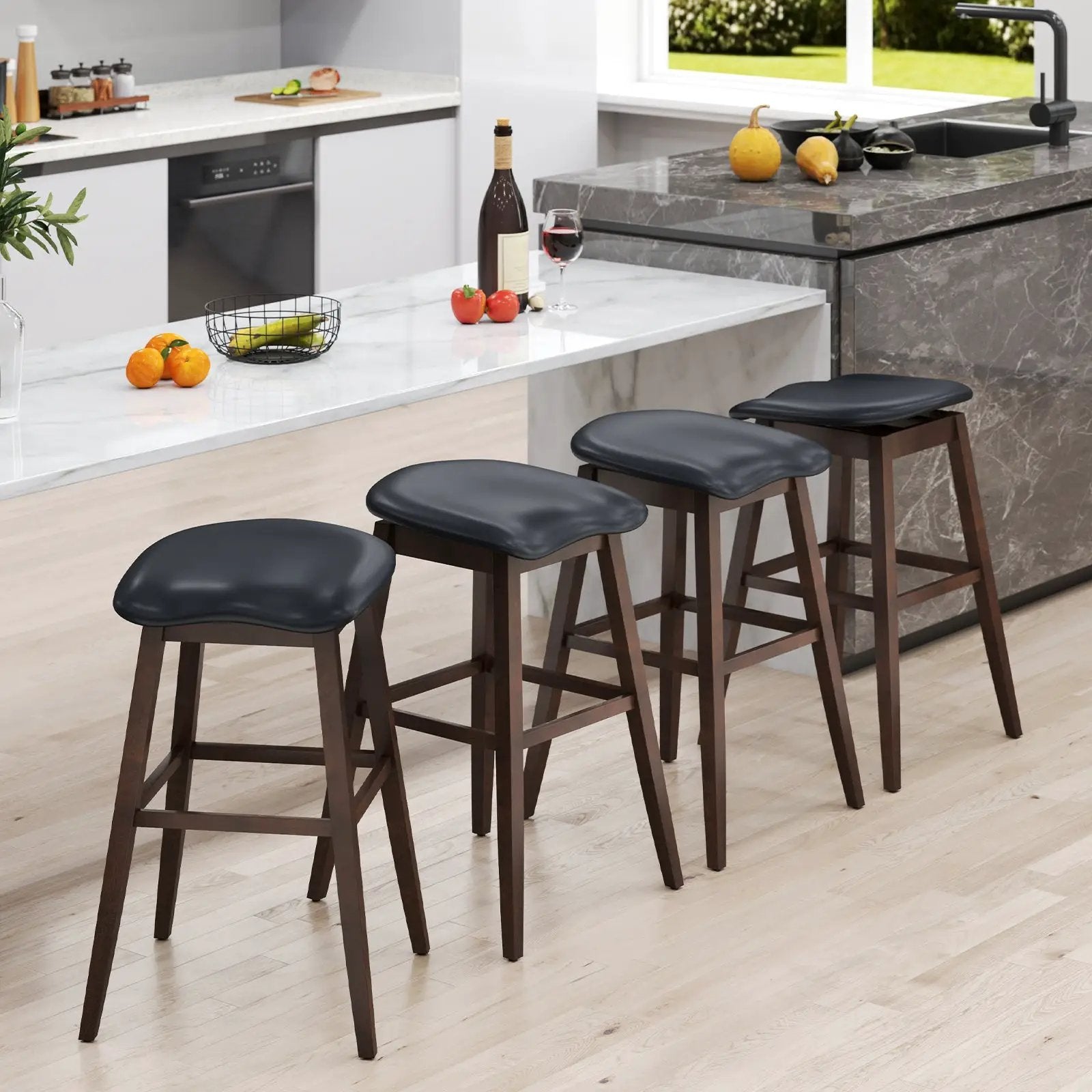 Swivel Bar Stools Set of 2 with Padded Contoured Seat and Footrest-Black & Brown by DirectDeals