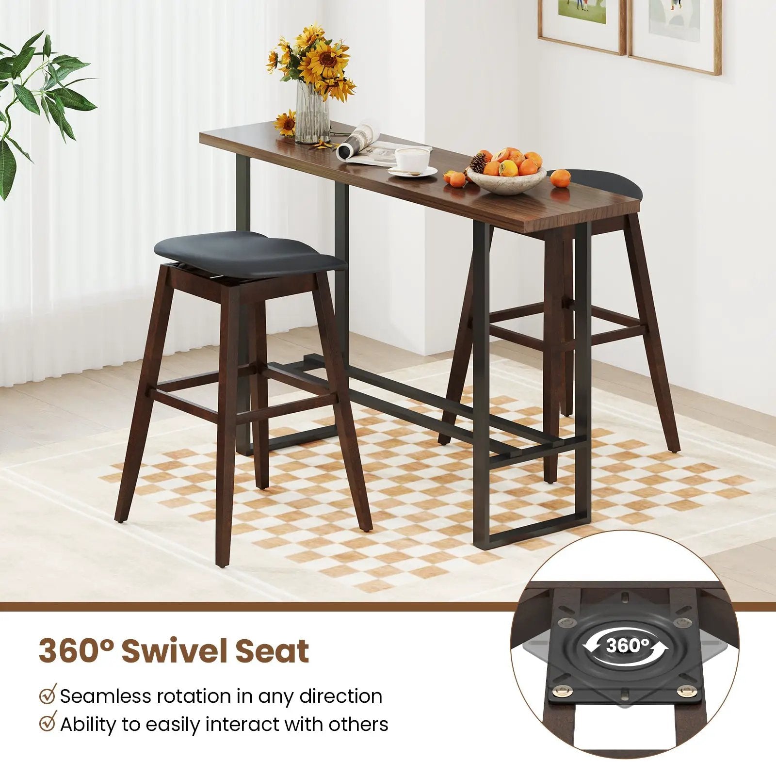 Swivel Bar Stools Set of 2 with Padded Contoured Seat and Footrest-Black & Brown by DirectDeals