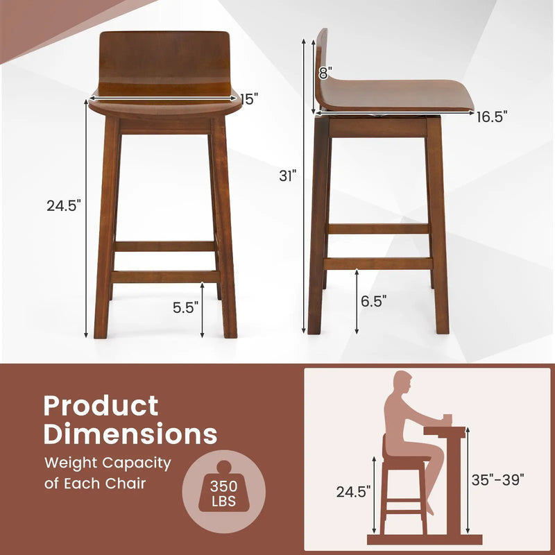 24.5 Inch Swivel Wooden Bar Stools Set of 2 with Rubber Wood Legs and Low Back by DirectDeals