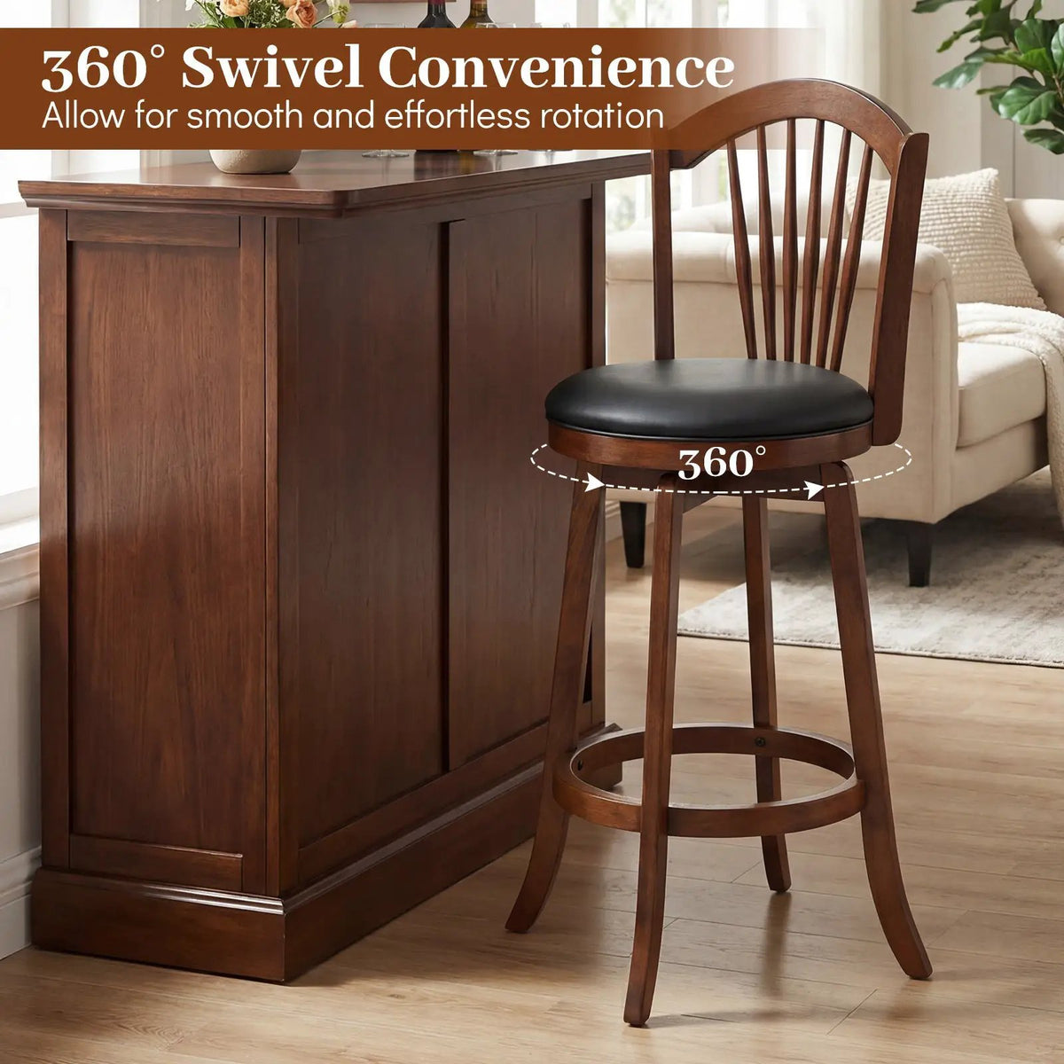 Swivel Bar Stools with Backrests and Wood Frame for Kitchen Island, photo 14 of 16