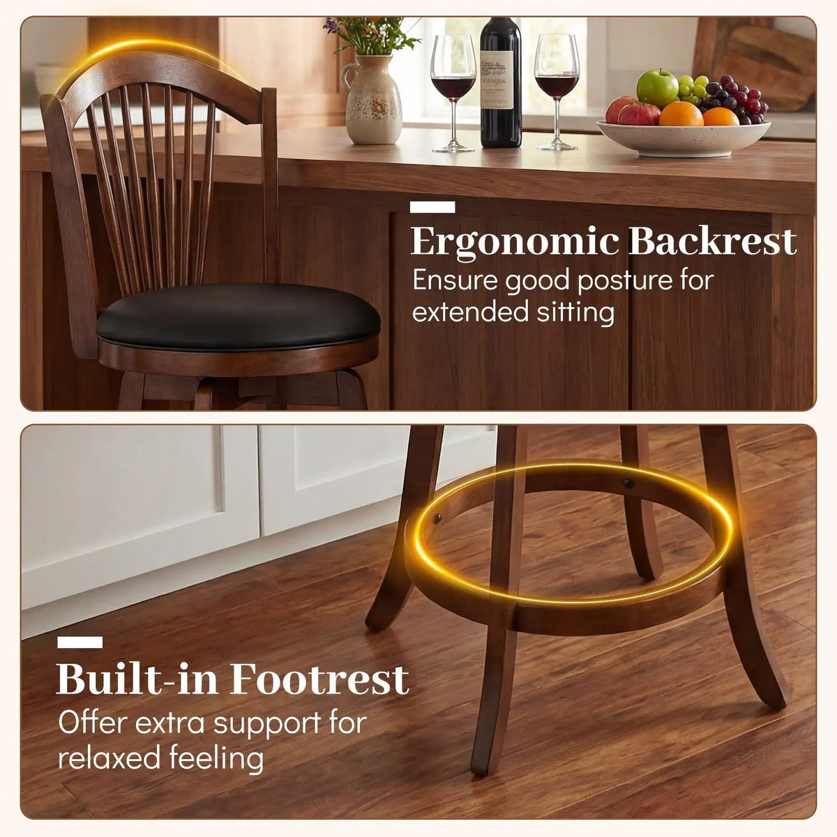 Swivel Bar Stools with Backrests and Wood Frame for Kitchen Island, photo 15 of 16