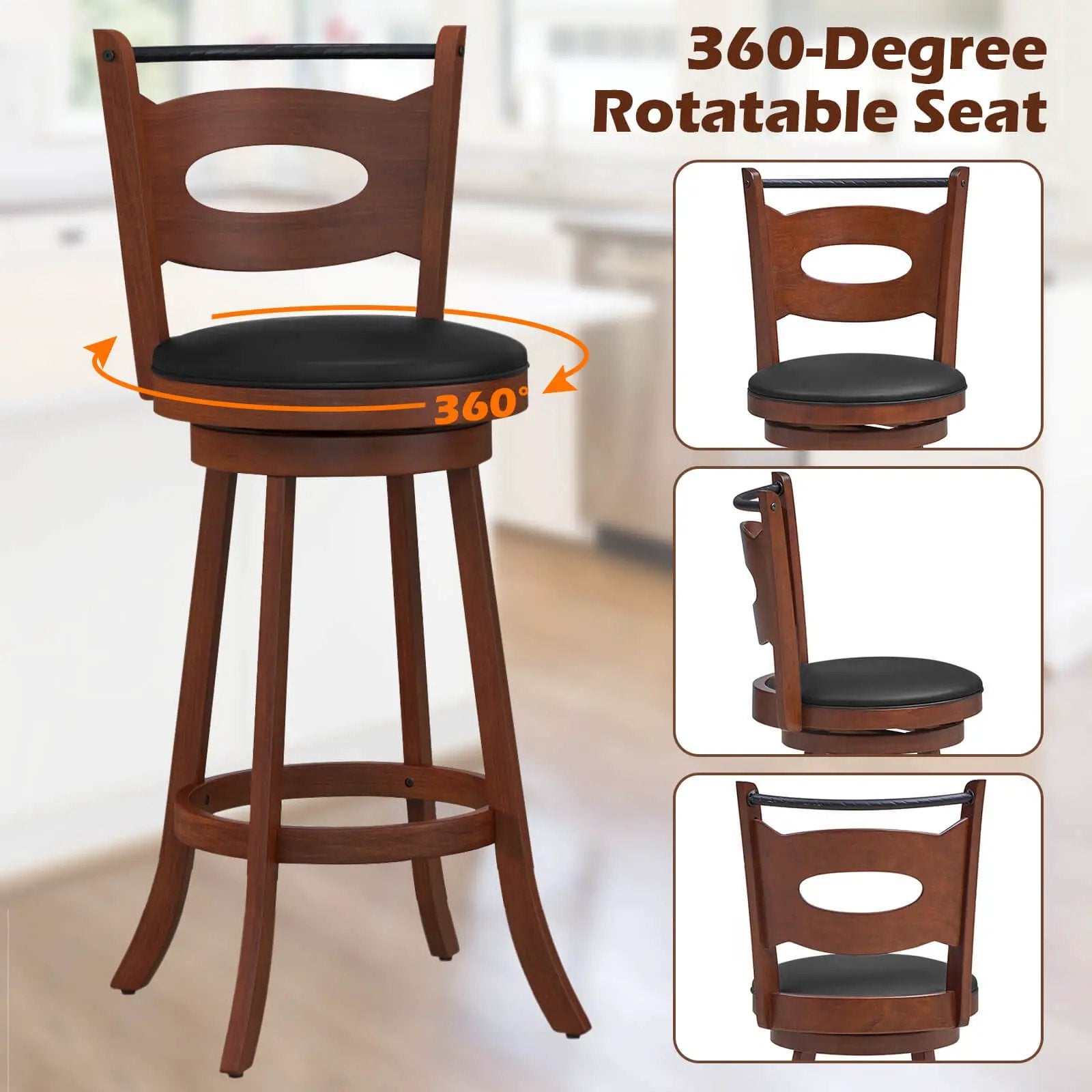 2 Pieces 24/29 inch Swivel Bar Stools with Curved Backrest and Seat Cushions by DirectDeals