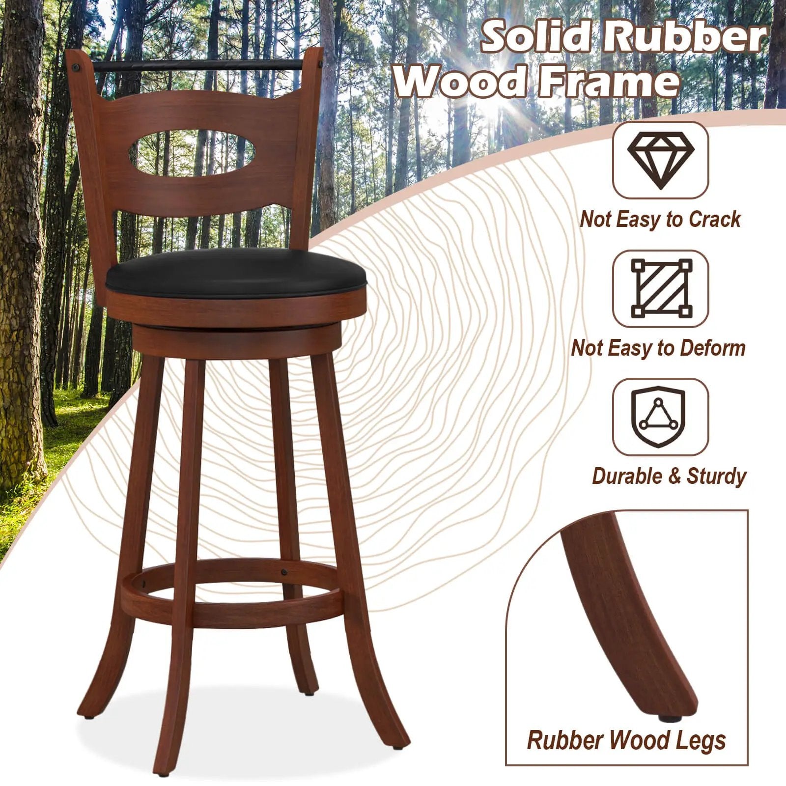 2 Pieces 24/29 inch Swivel Bar Stools with Curved Backrest and Seat Cushions by DirectDeals