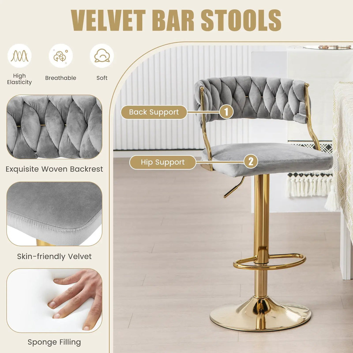 Swivel Barstool with Woven Back Set of 2 for Kitchen Island Cafe, photo 10 of 23