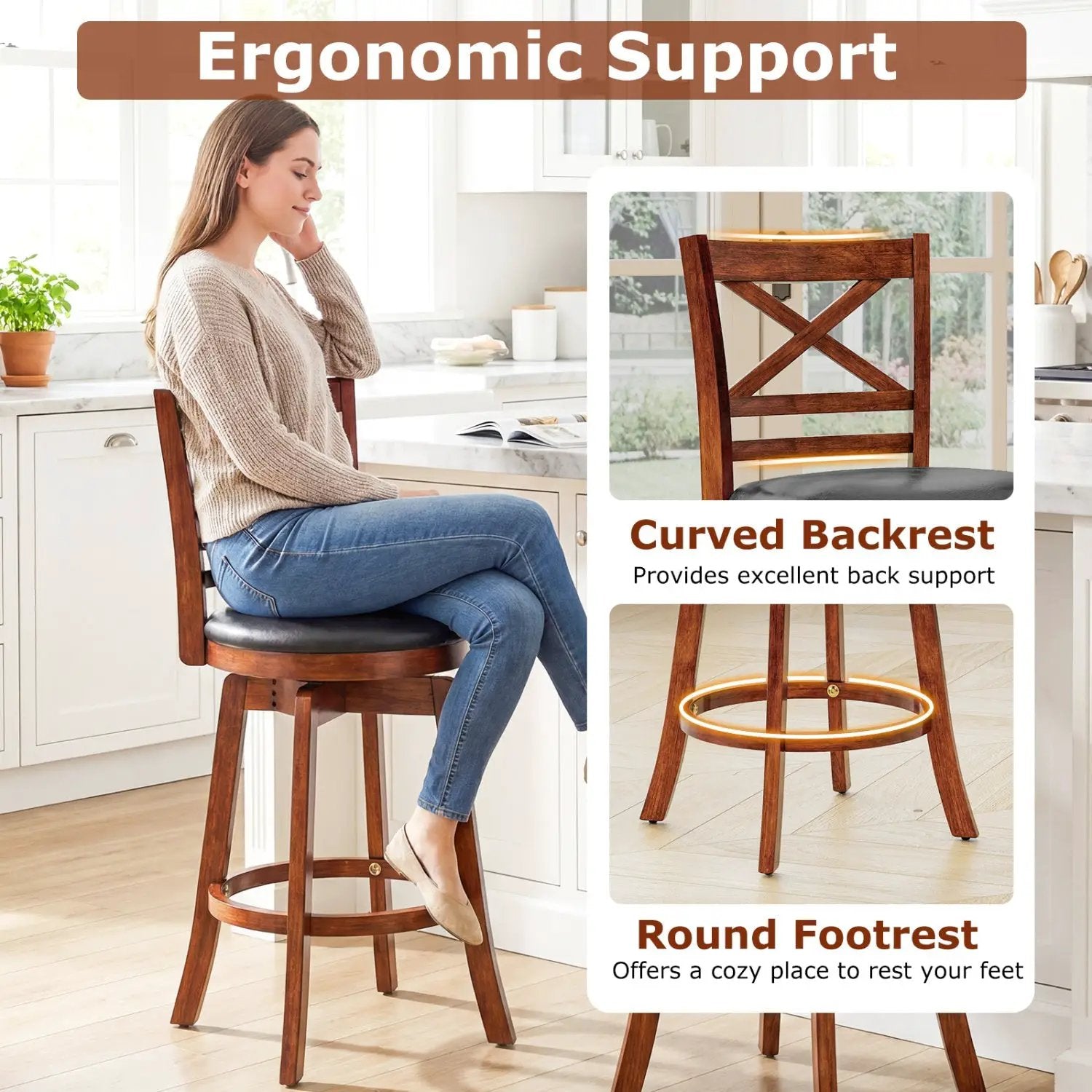 Swivel Barstools Set of 2 with Backrest and Footrest by DirectDeals