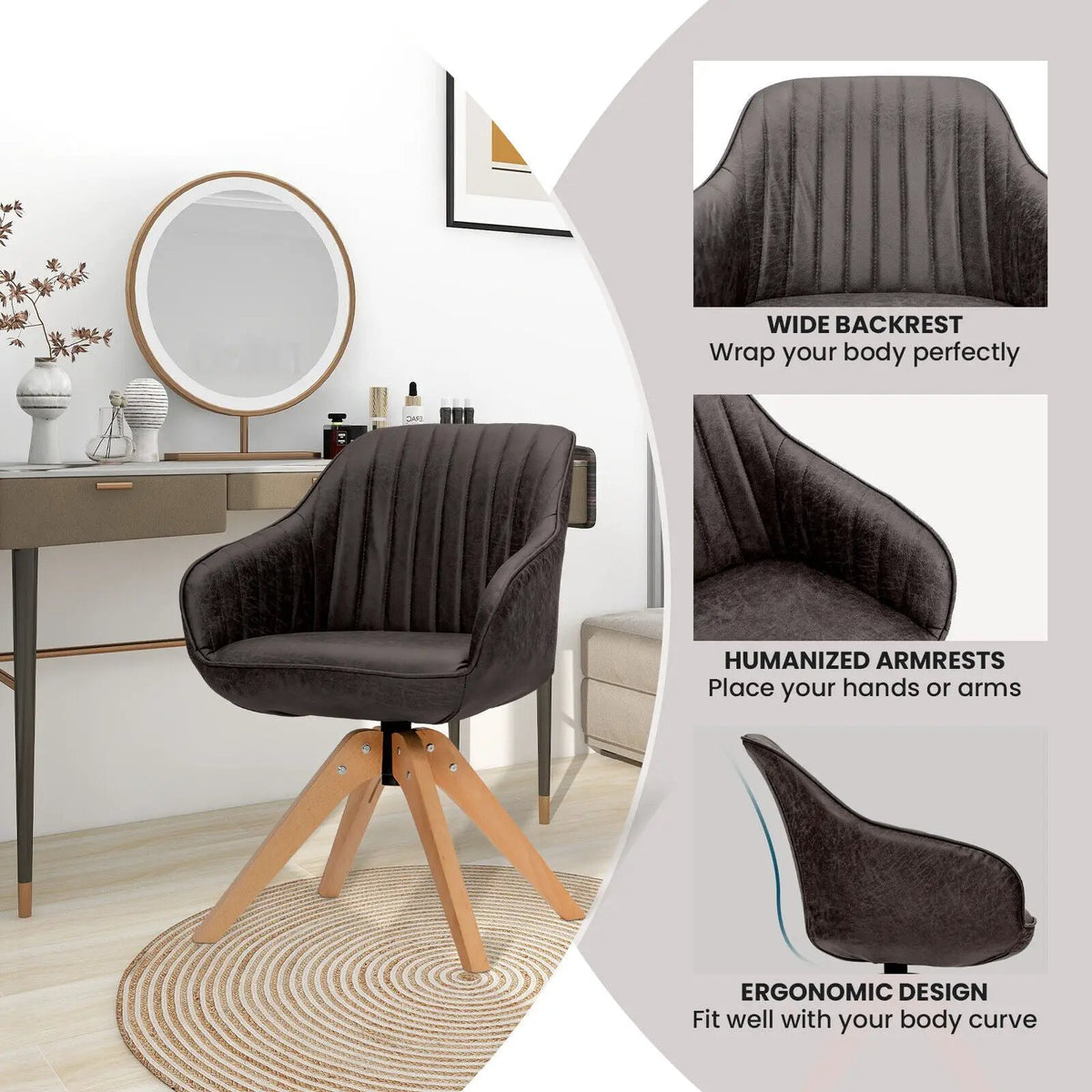 Modern Leathaire Set of 2 Swivel Accent Chair with Beech Wood Legs, detail