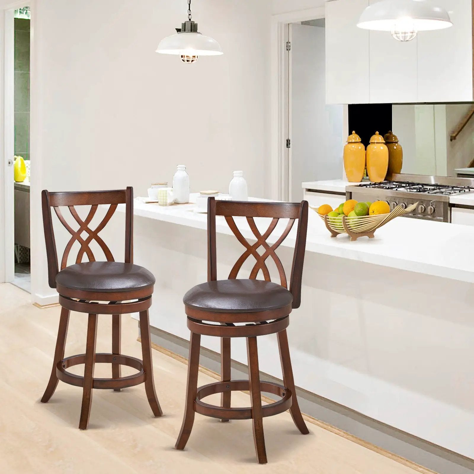 360° Swivel Counter Height Chairs with PU Leather Cushioned Seat and Footrests by DirectDeals