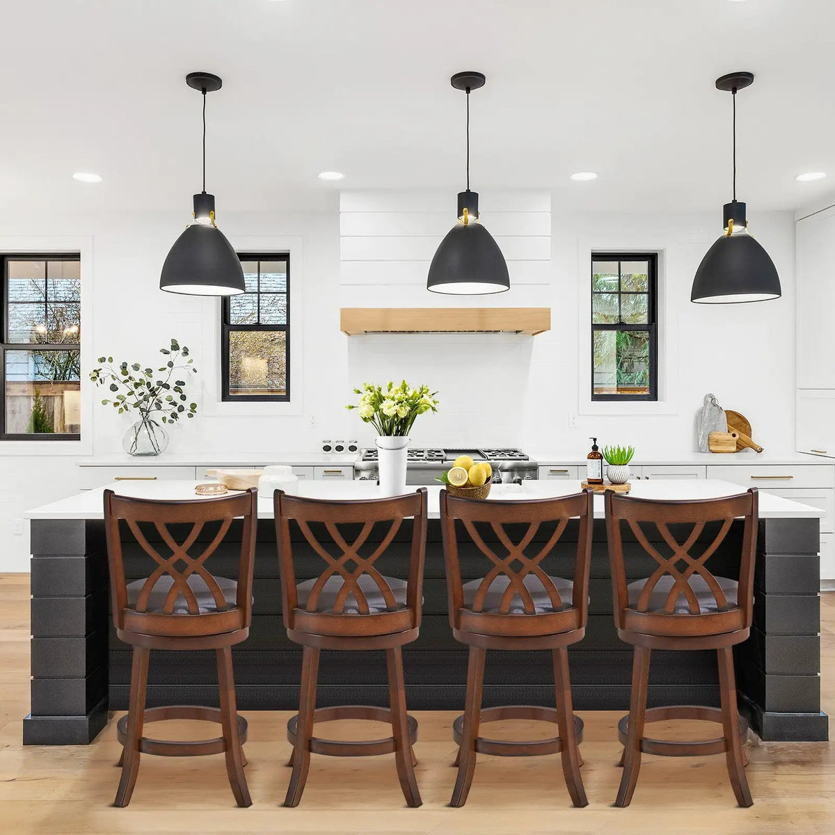 360° Swivel Counter Height Chairs with PU Leather Cushioned Seat and Footrests, photo 6 of 9