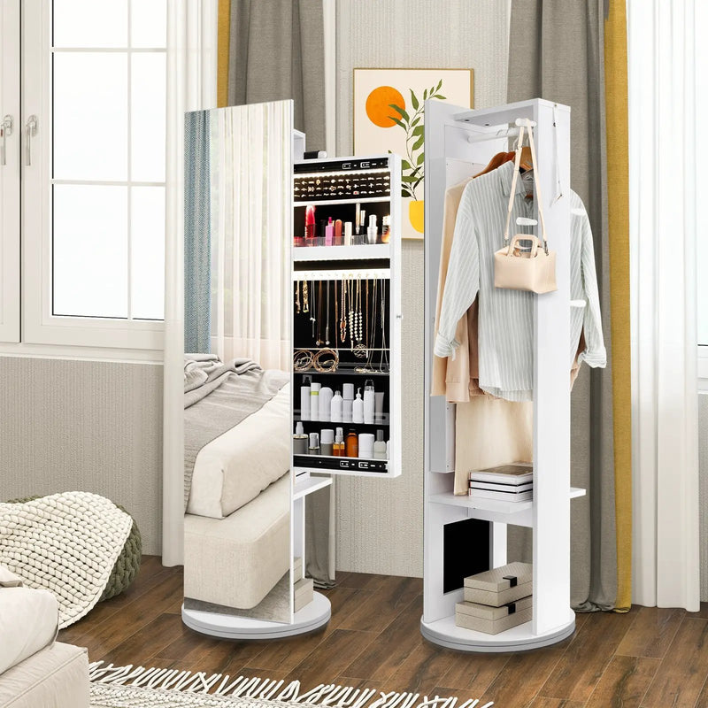 360-Degree Swivel Jewelry Cabinet Armoire with Full Length Mirror and Coat Rack-White by DirectDeals