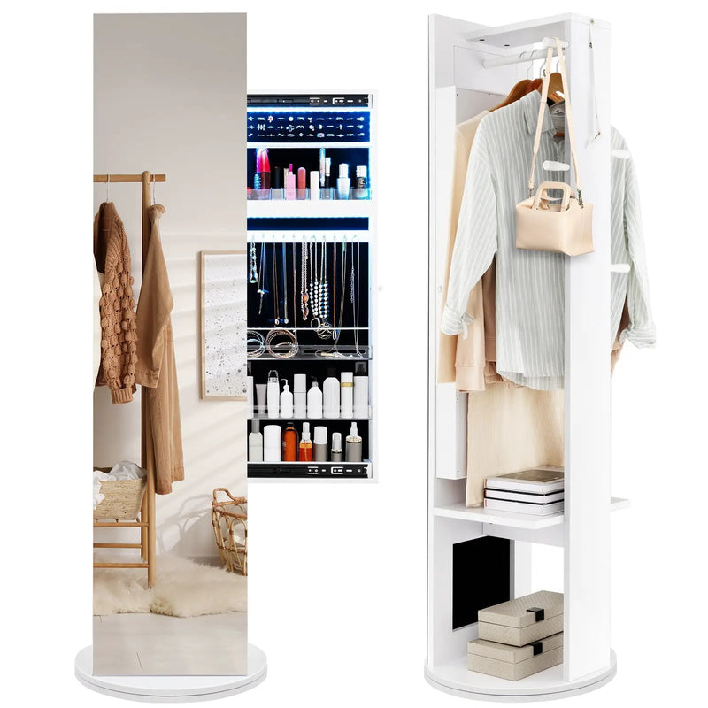 360-Degree Swivel Jewelry Cabinet Armoire with Full Length Mirror and Coat Rack-White by DirectDeals