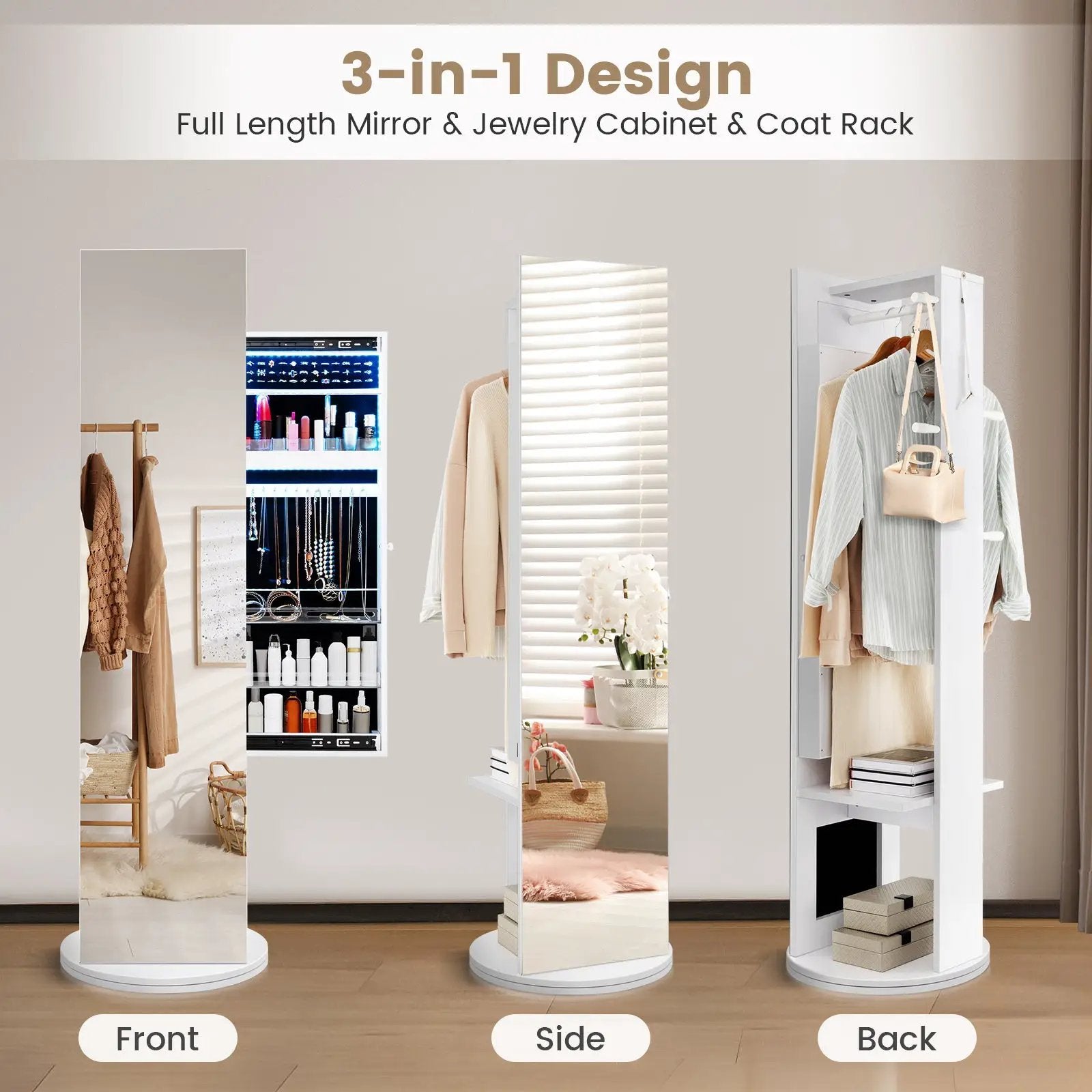 360-Degree Swivel Jewelry Cabinet Armoire with Full Length Mirror and Coat Rack-White by DirectDeals