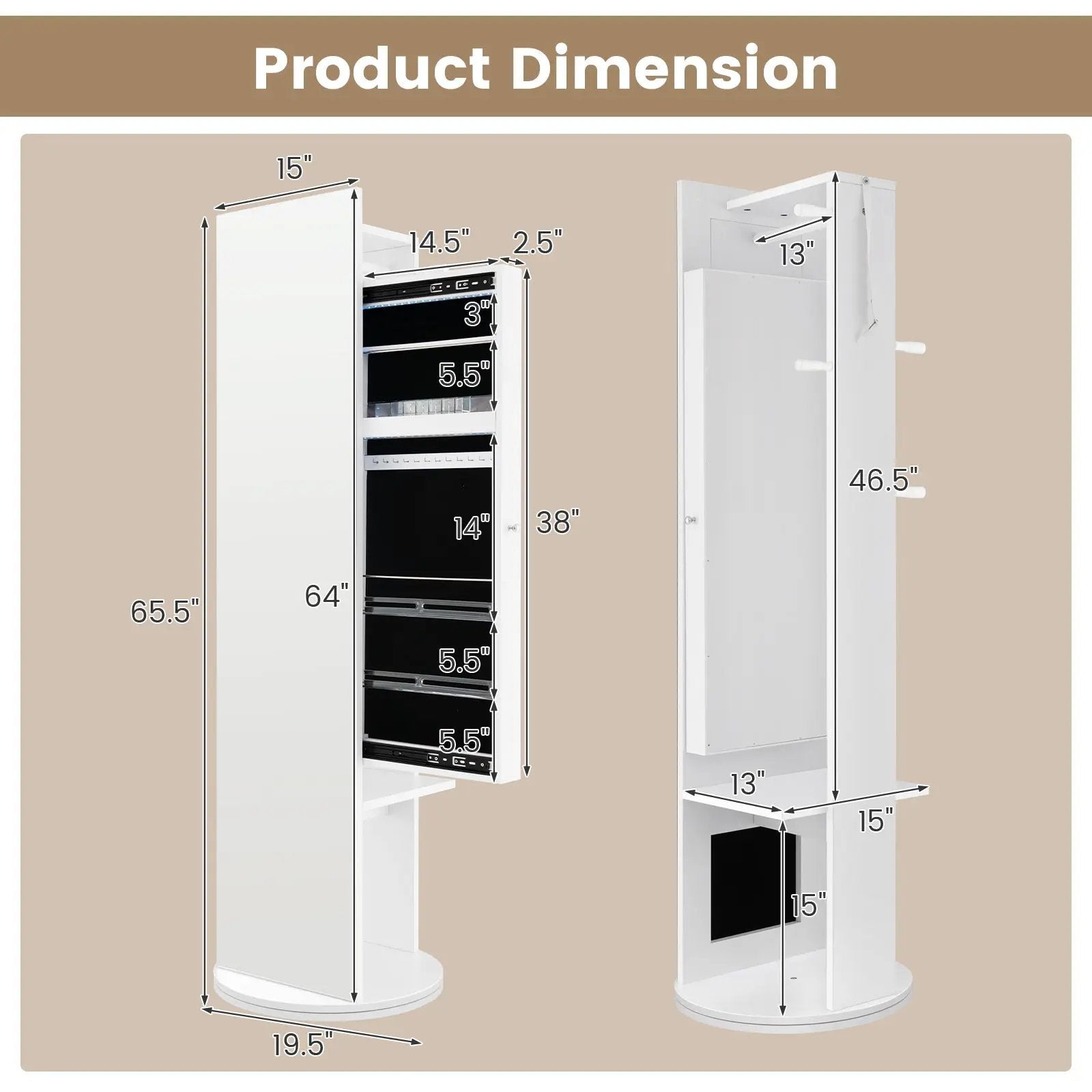 360-Degree Swivel Jewelry Cabinet Armoire with Full Length Mirror and Coat Rack-White by DirectDeals