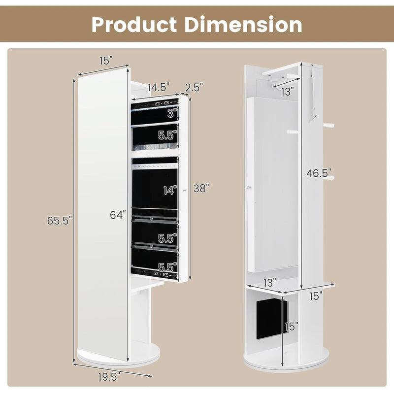 360-Degree Swivel Jewelry Cabinet Armoire with Full Length Mirror and Coat Rack-White by DirectDeals