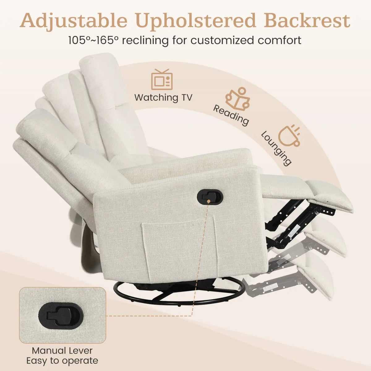 Swivel Rocking Chair 360° Nursery Reclining Rocker Armchair with Cushioned Back, photo 8 of 10