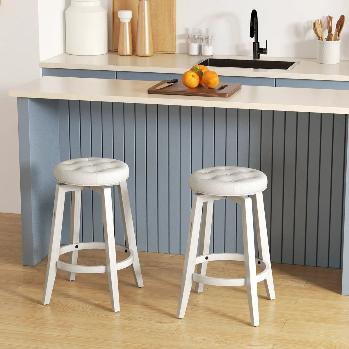 360-Degree Swivel Upholstered Rubberwood Frame Bar Stool Set of 2 with Footrest